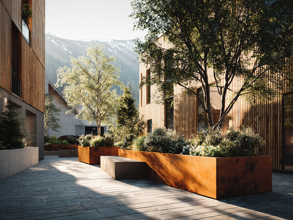 A modern wooden house with large windows on a grassy hillside with wildflowers and trees, under a sunset sky.