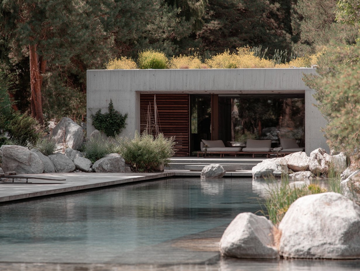 A modern wooden house with large windows, surrounded by golden grass and a small tree, set against a backdrop of mountainous terrain with rolling hills and rocky peaks.