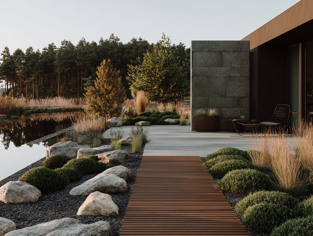 A modern wooden house with large windows, surrounded by golden grass and a small tree, set against a backdrop of mountainous terrain with rolling hills and rocky peaks.