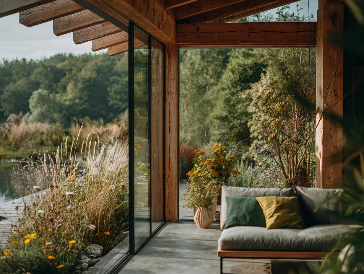 Modern house with flat roof and wooden accents situated on hilly grassy landscape with snow-capped mountains in the background.