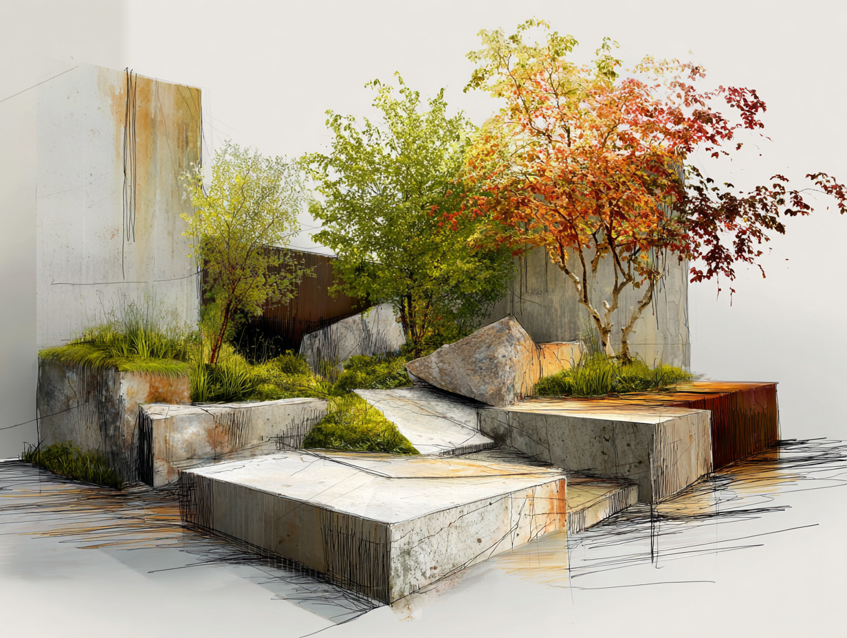 Architectural sketch of a modern outdoor garden with large stone steps, greenery, and trees with autumn leaves.