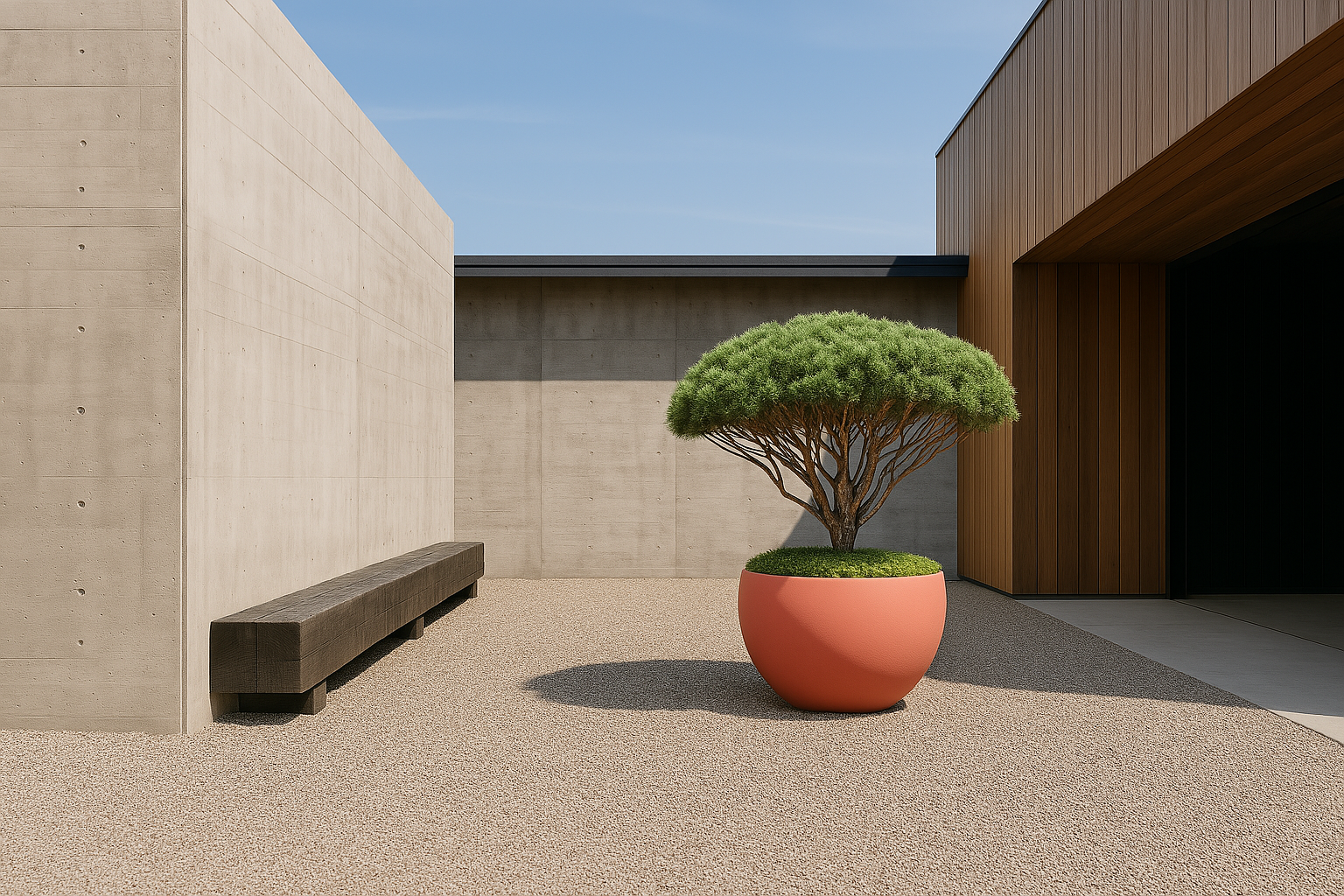 Minimalist courtyard with concrete wall, wooden bench, red round planter, green shrub, gravel floor, wooden siding, blue sky.