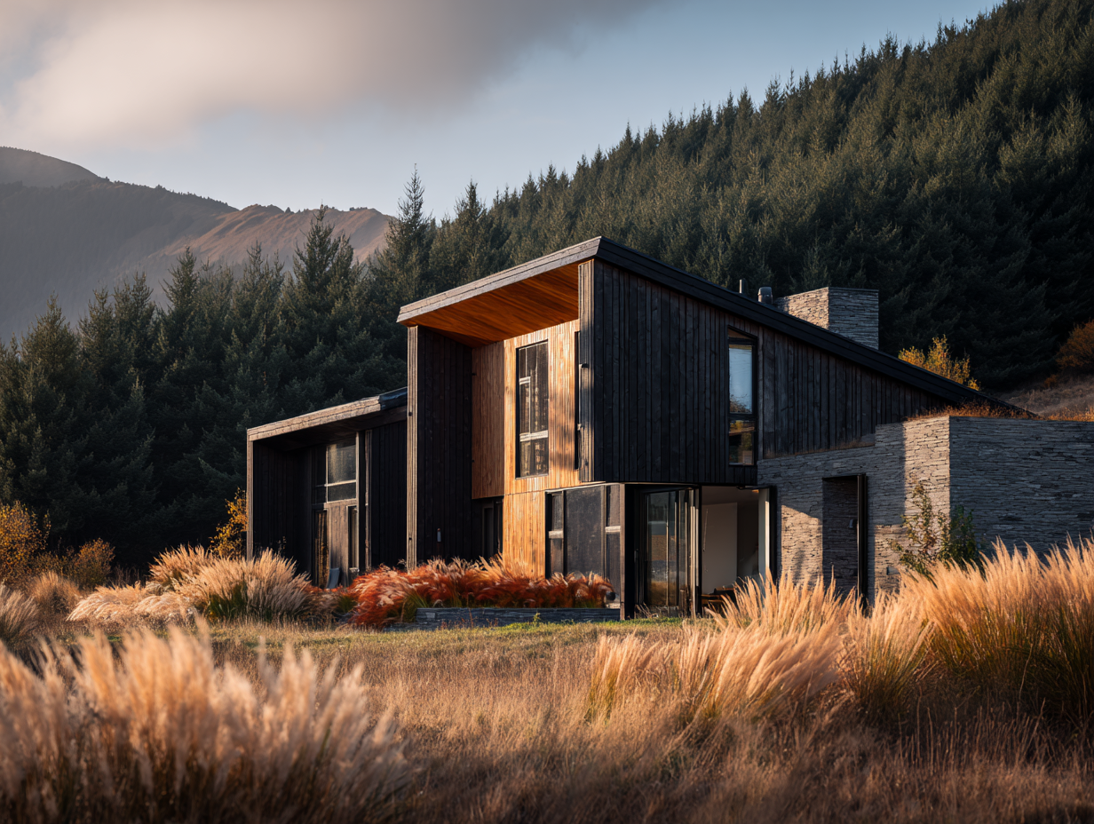A row of modern wooden houses with angular roofs and large windows on a grassy hillside with green vegetation and a foggy sky in the background.