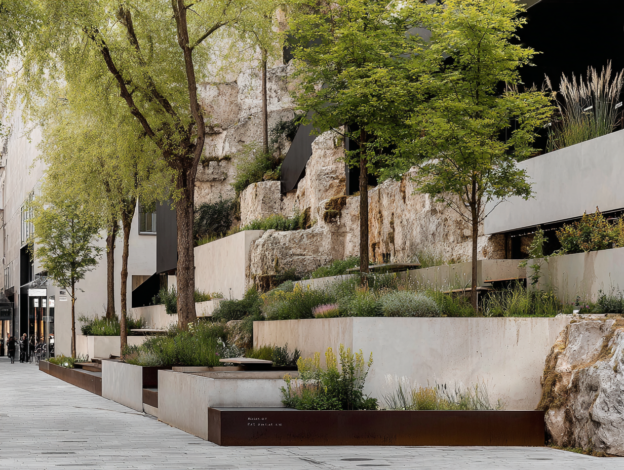 Urban street scene with terraced planter boxes, trees, and rocks, along a sidewalk with pedestrians in the background.