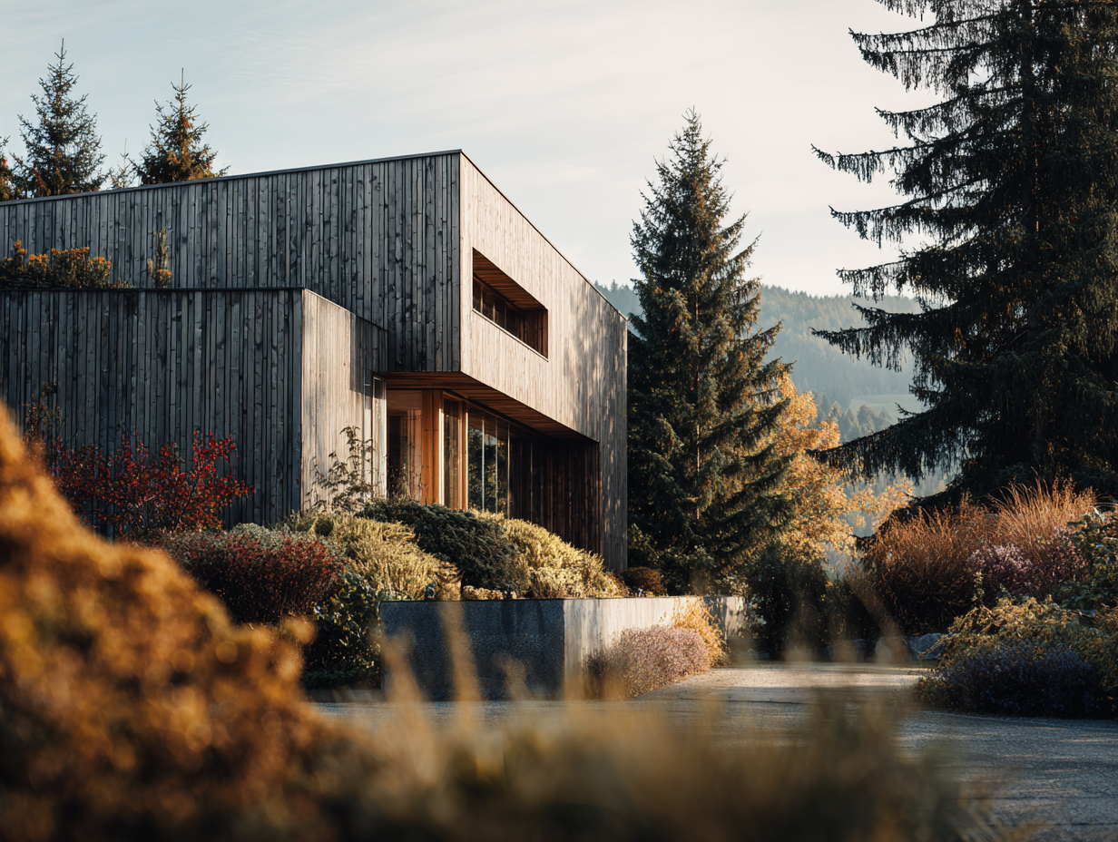A modern wooden house with large windows on a grassy hillside with wildflowers and trees, under a sunset sky.