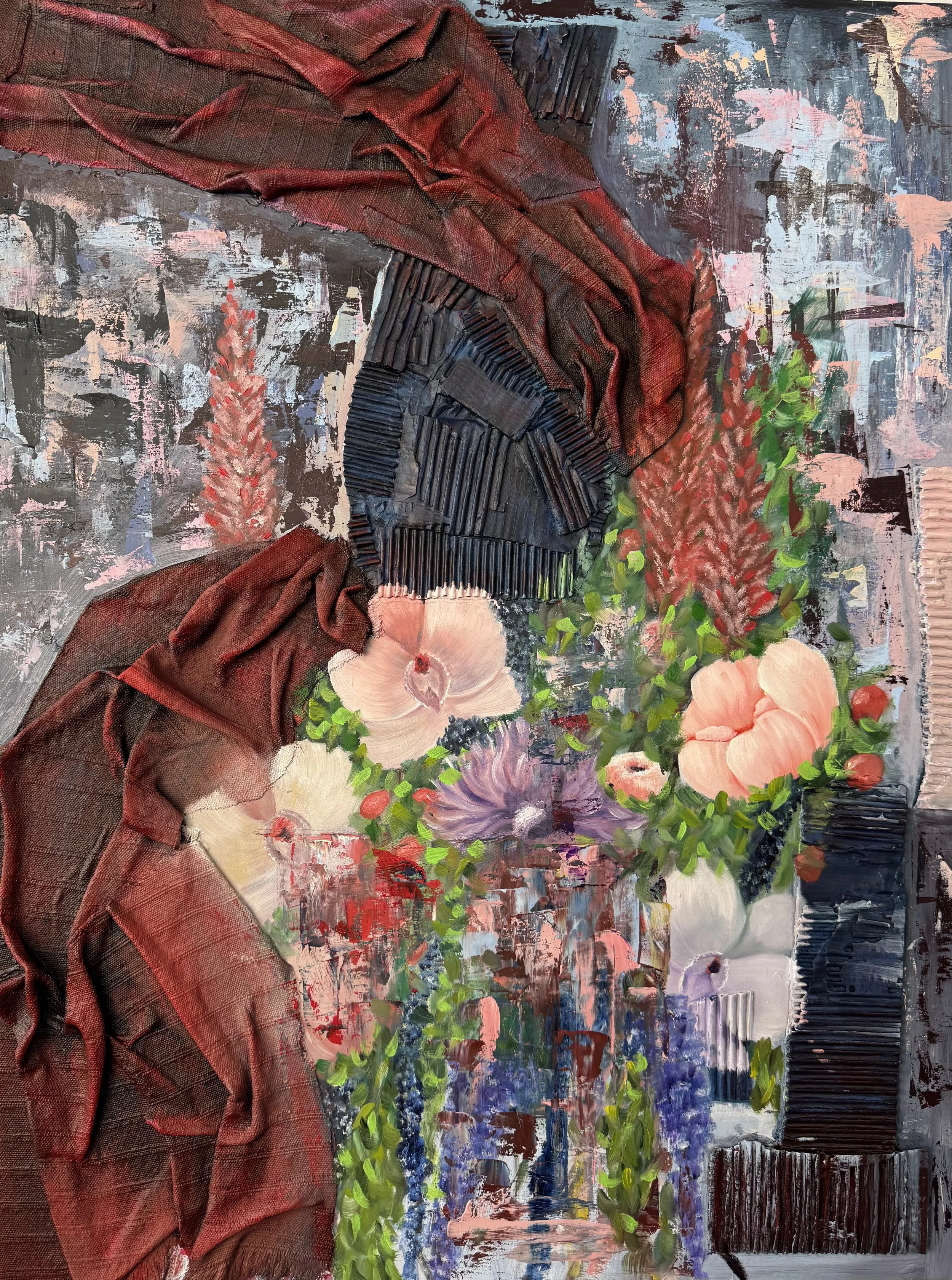  Untitled, 2026
Medium: acrylic, oil, fabric, and cardboard on a wood panel
Size: 40”x30”