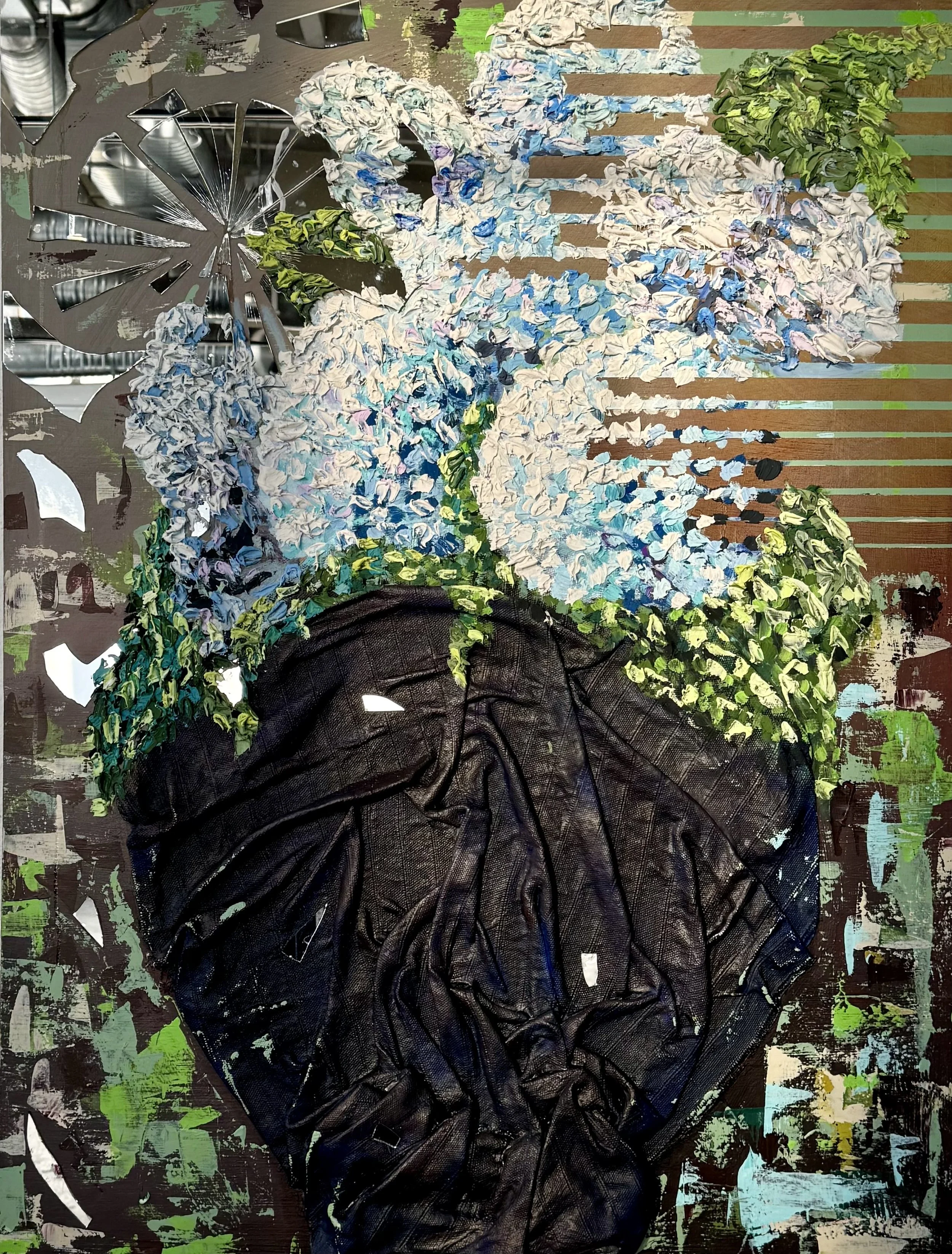 Untitled, 2026
Medium: acrylic, oil, fabric, and mirror on a wood panel
Size: 40”x30”
