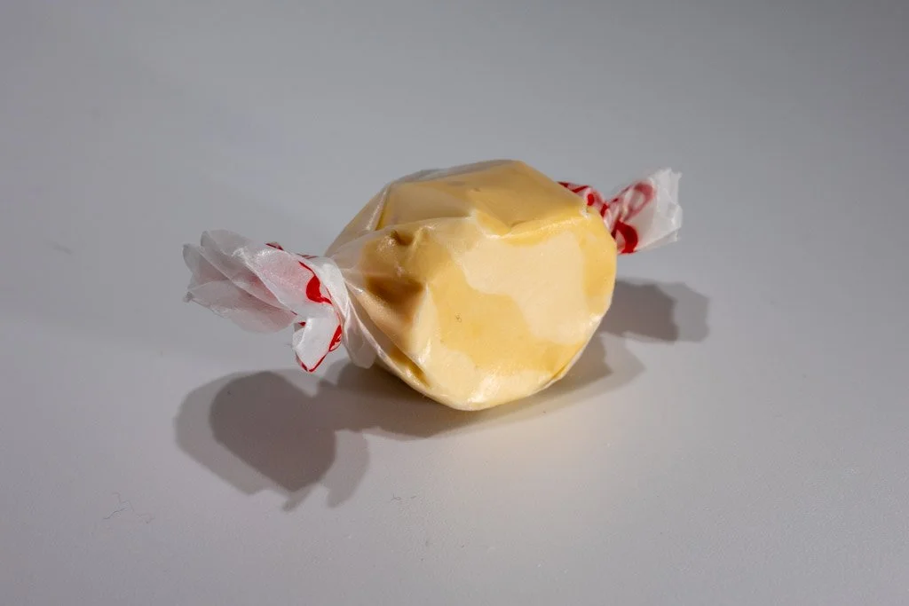 eanut butter saltwater taffy from Sea Bird Gifts & Candy in Westport WA. Creamy yellow taffy with rich peanut butter flavor, wrapped in wax paper