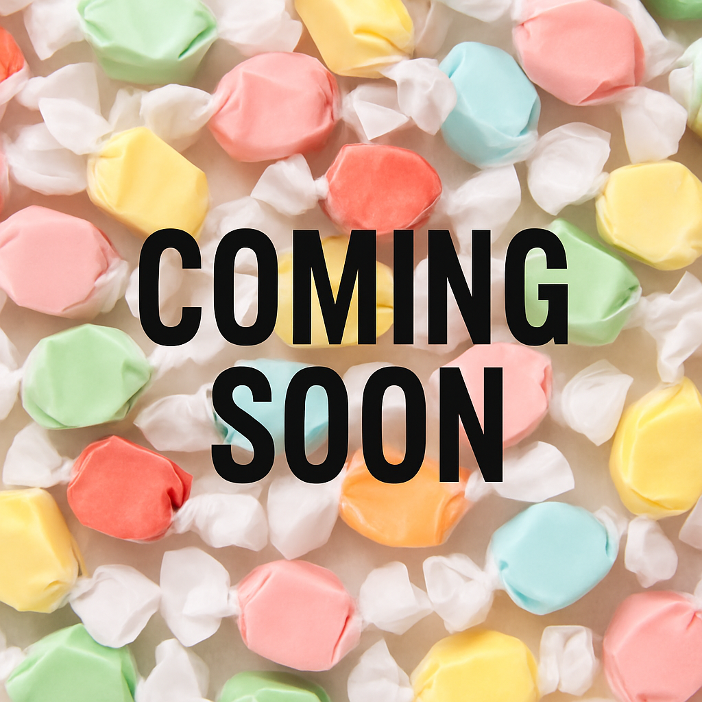 Colorful wrapped candies scattered around with the words 'Coming Soon' in bold black letters.