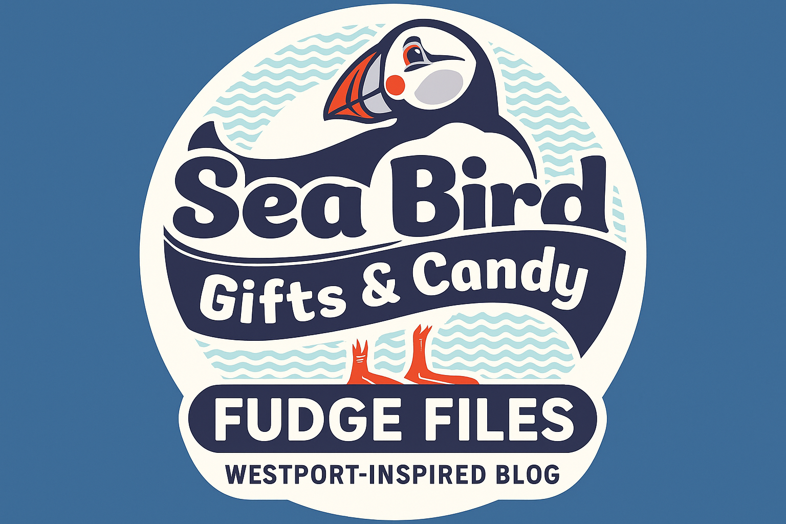 Illustration of a puffin with a beak partly wrapped in a red cloth, surrounded by text that reads 'Sea Bird Gifts & Candy Fudge Files Westport-Inspired Blog' on a blue background.
