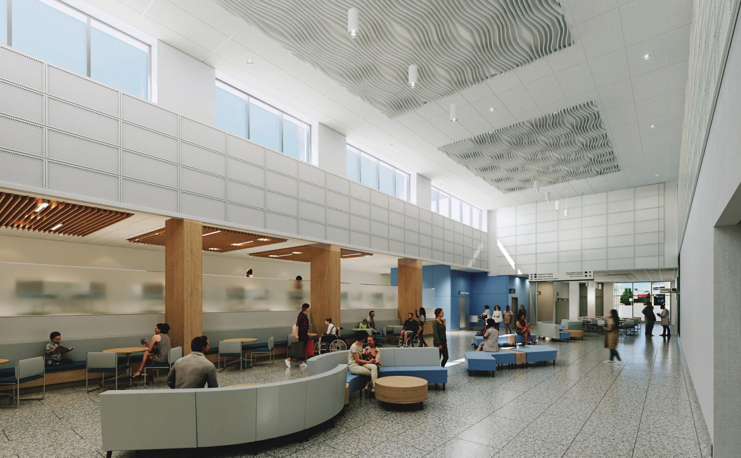 Rendering of the new lobby and cafeteria at the Prince Albert Victoria Hospital