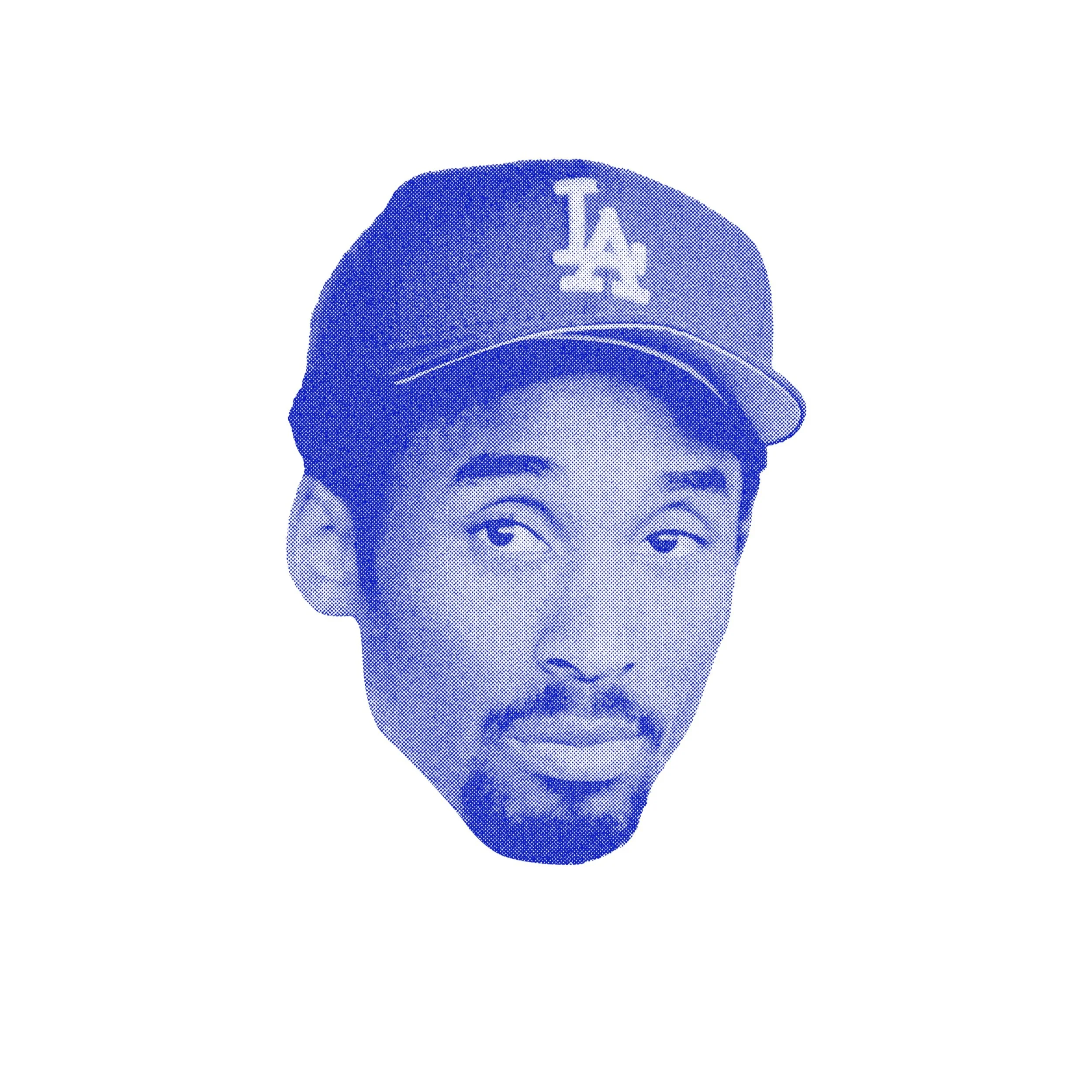 Monochrome blue illustration of a man wearing an LA baseball cap on a white background.
