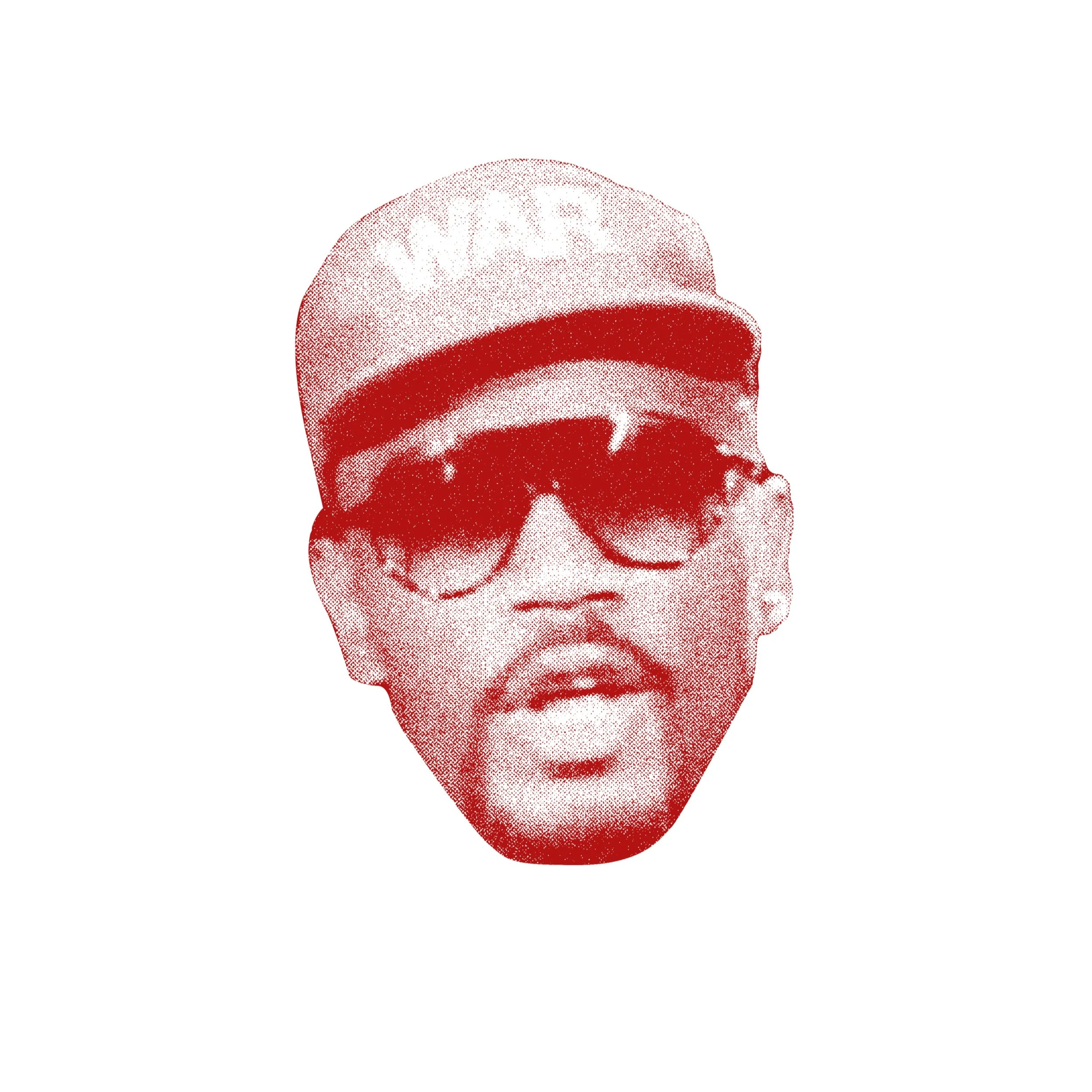 Stylized red-toned image of a person wearing sunglasses and a cap with text.