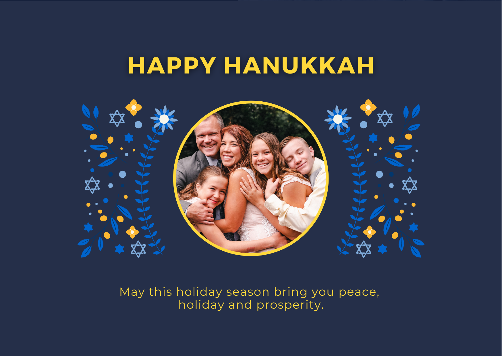 Hanukkah greeting card with family photo in center, surrounded by blue and yellow floral designs, Stars of David, and text that reads 'Happy Hanukkah' at the top. Bottom text wishes peace, holiday, and prosperity.