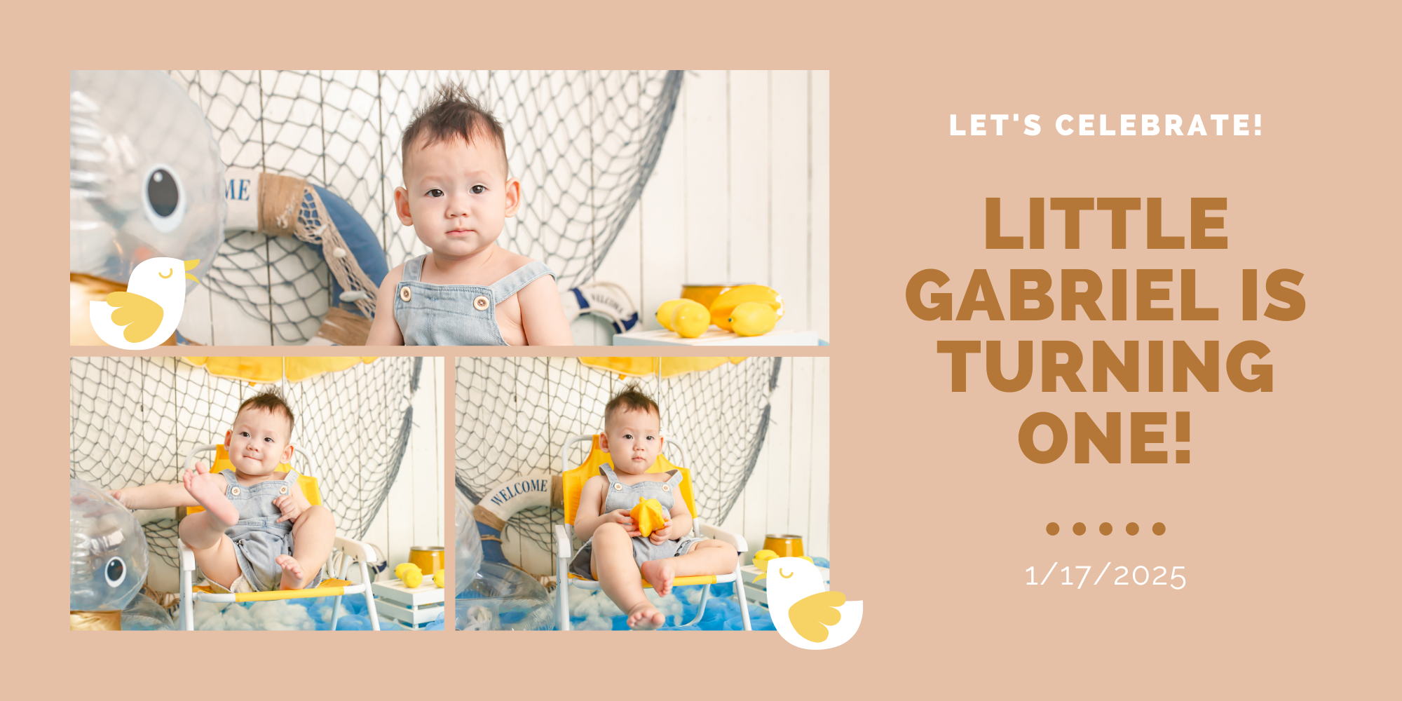 Birthday invitation for a child's first birthday with photos of a baby playing with a duck-themed nautical background. Text reads, "Let's celebrate! Little Gabriel is turning one! 1/17/2025."