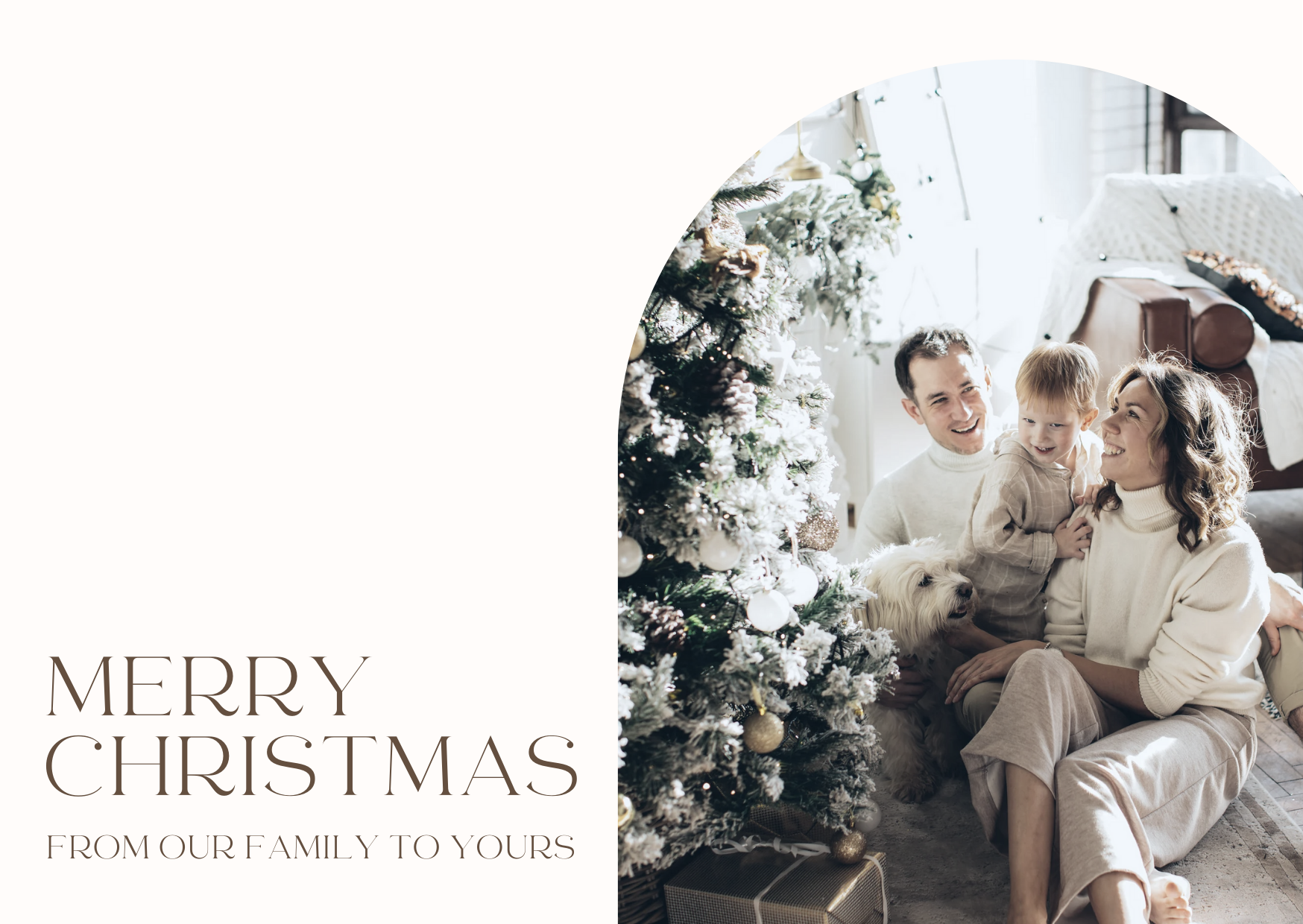 Family with dog sitting by Christmas tree, with text "Merry Christmas from our family to yours."