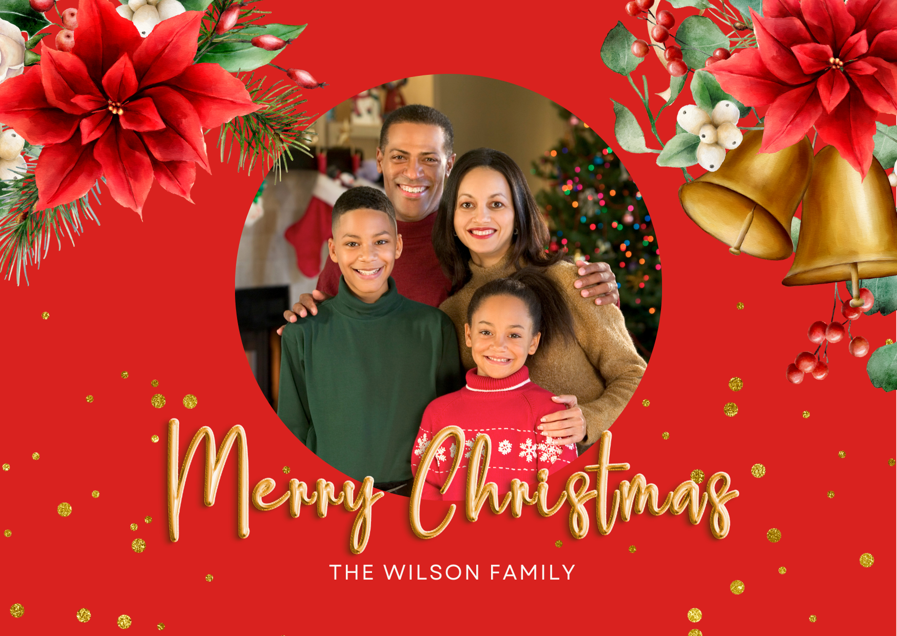 Christmas card with a family portrait, festive decorations, bells, and "Merry Christmas" message.