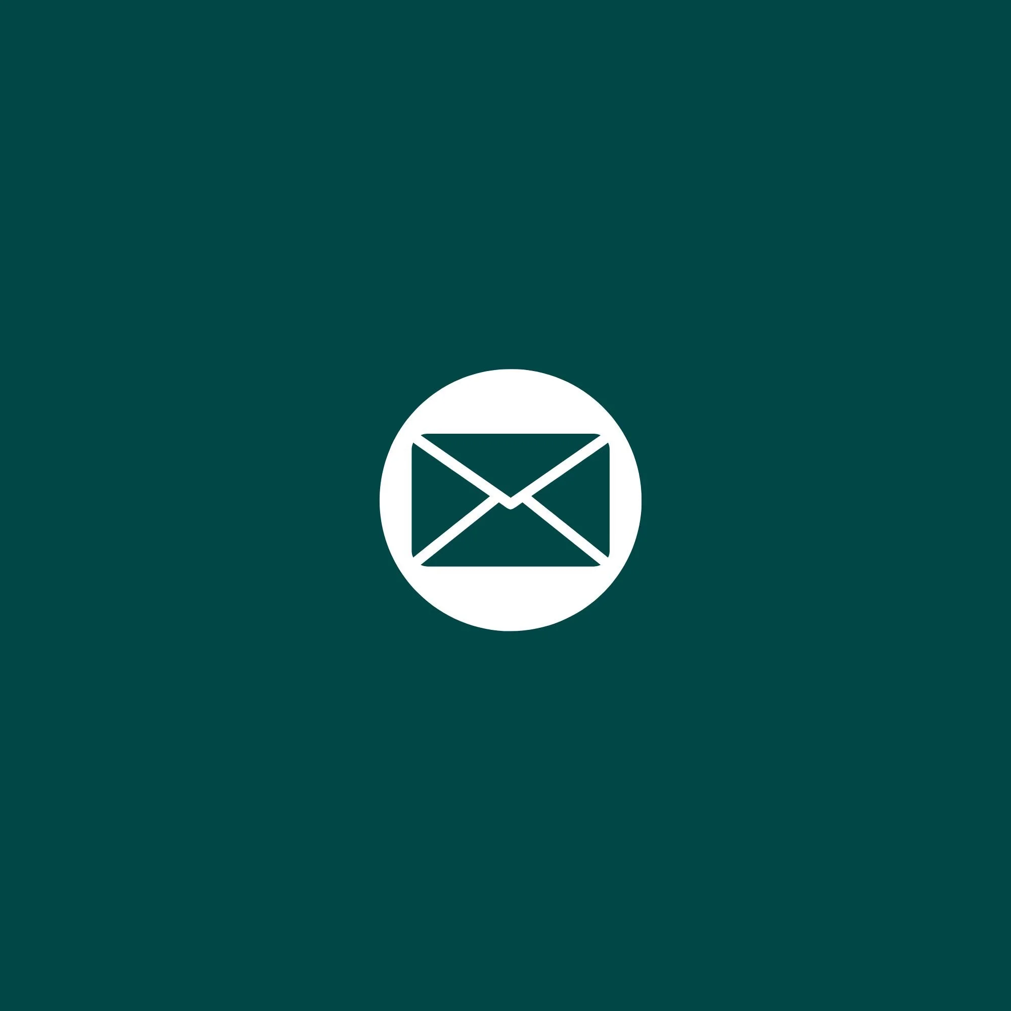 A dark teal background with a white circle at the bottom containing a black outline of an envelope.