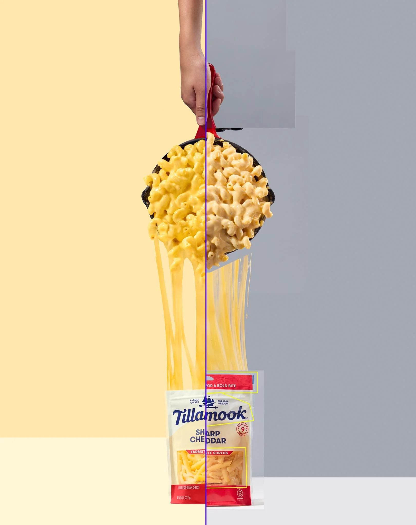 Tillamook Skillet Cheese Pull Photoshop Before and After Composite