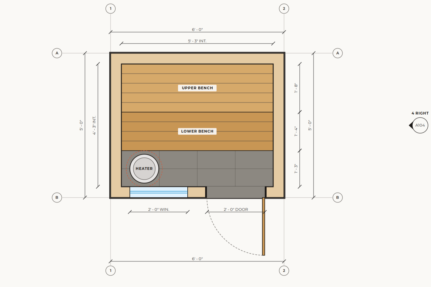 Architectural floor plan of a 6-by-5-foot sauna with upper and lower benches, heater, window, and door swing