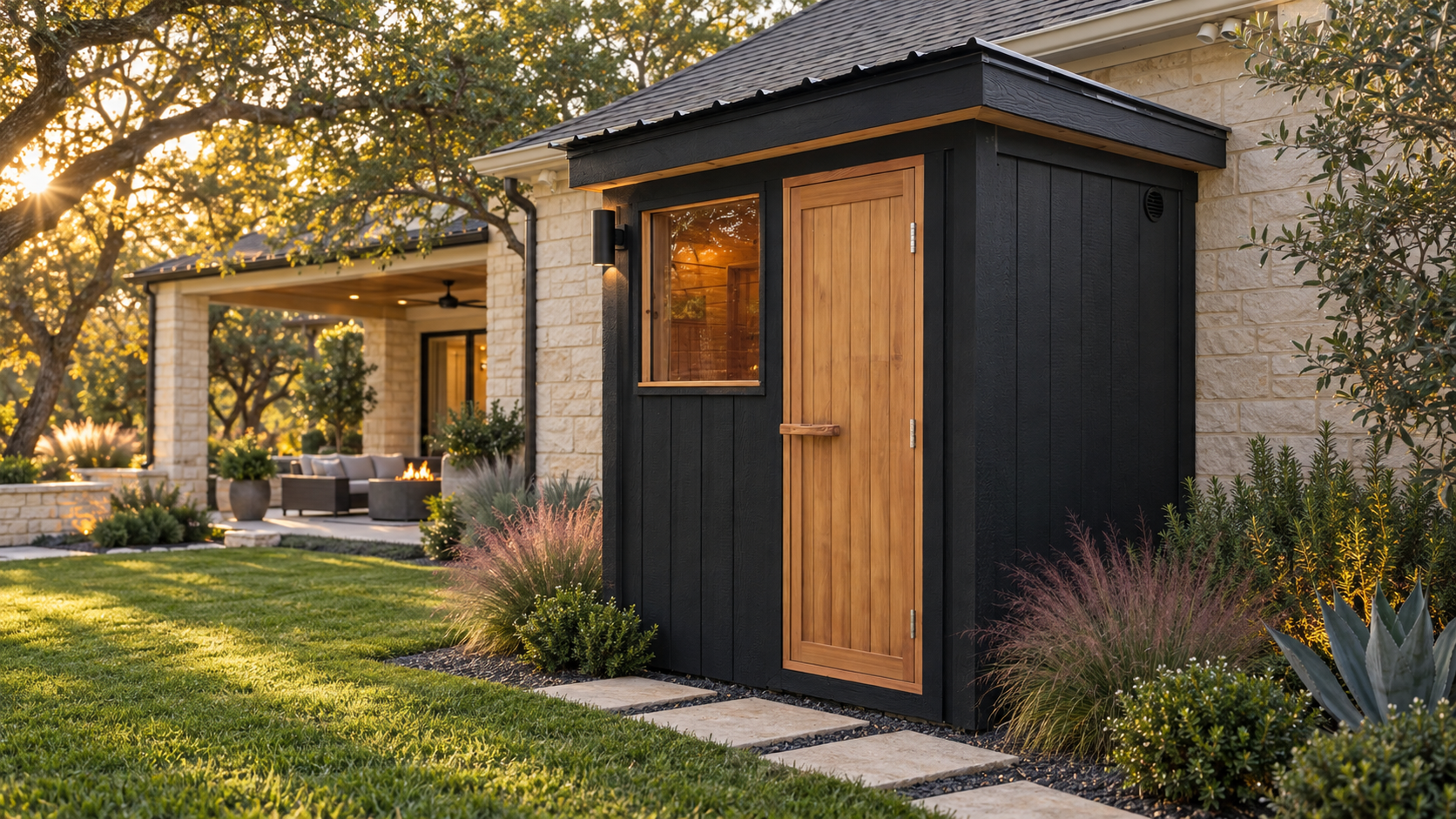 Modern black backyard sauna with a wooden door and window beside a landscaped patio and lawn