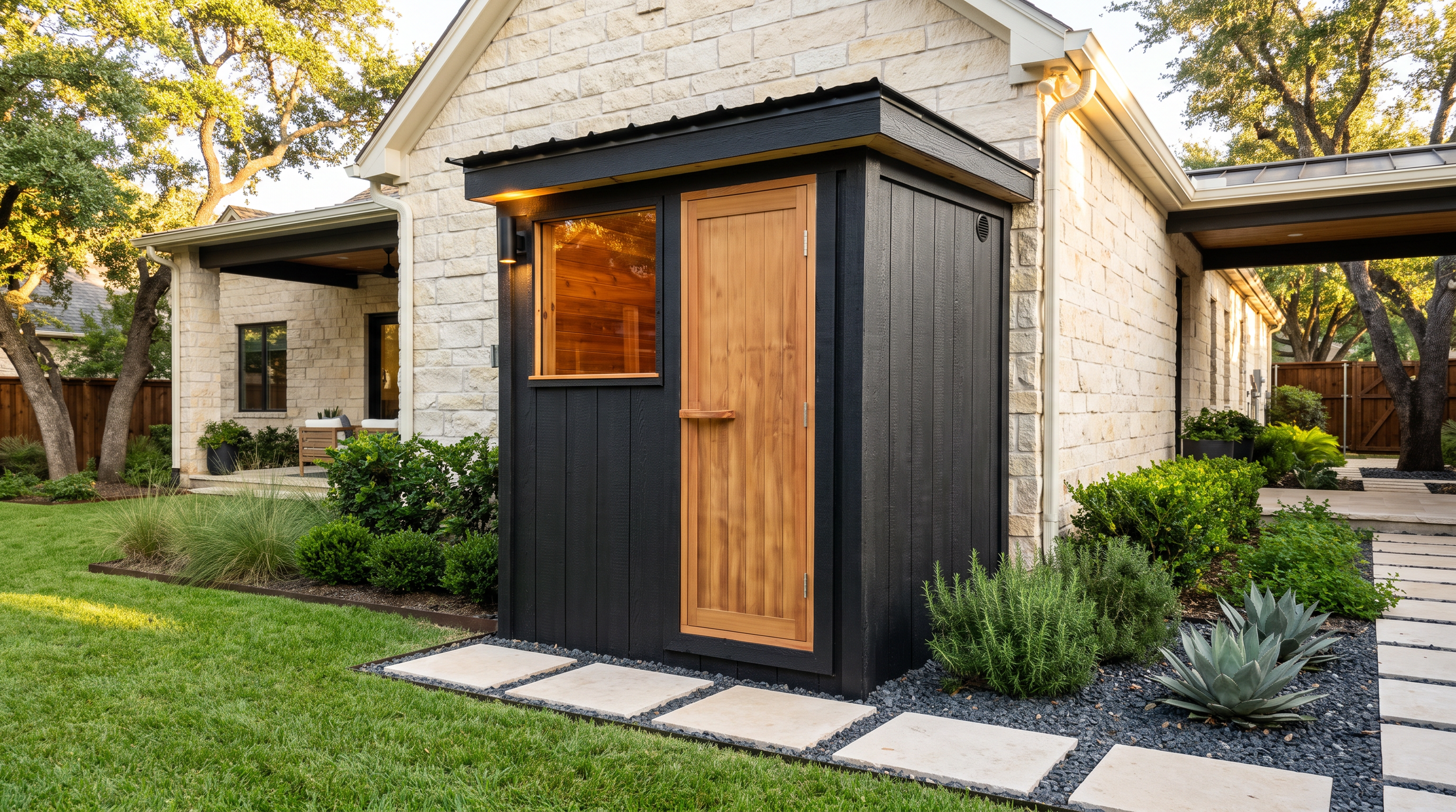 Modern black backyard sauna with a cedar door beside a limestone home and landscaped garden