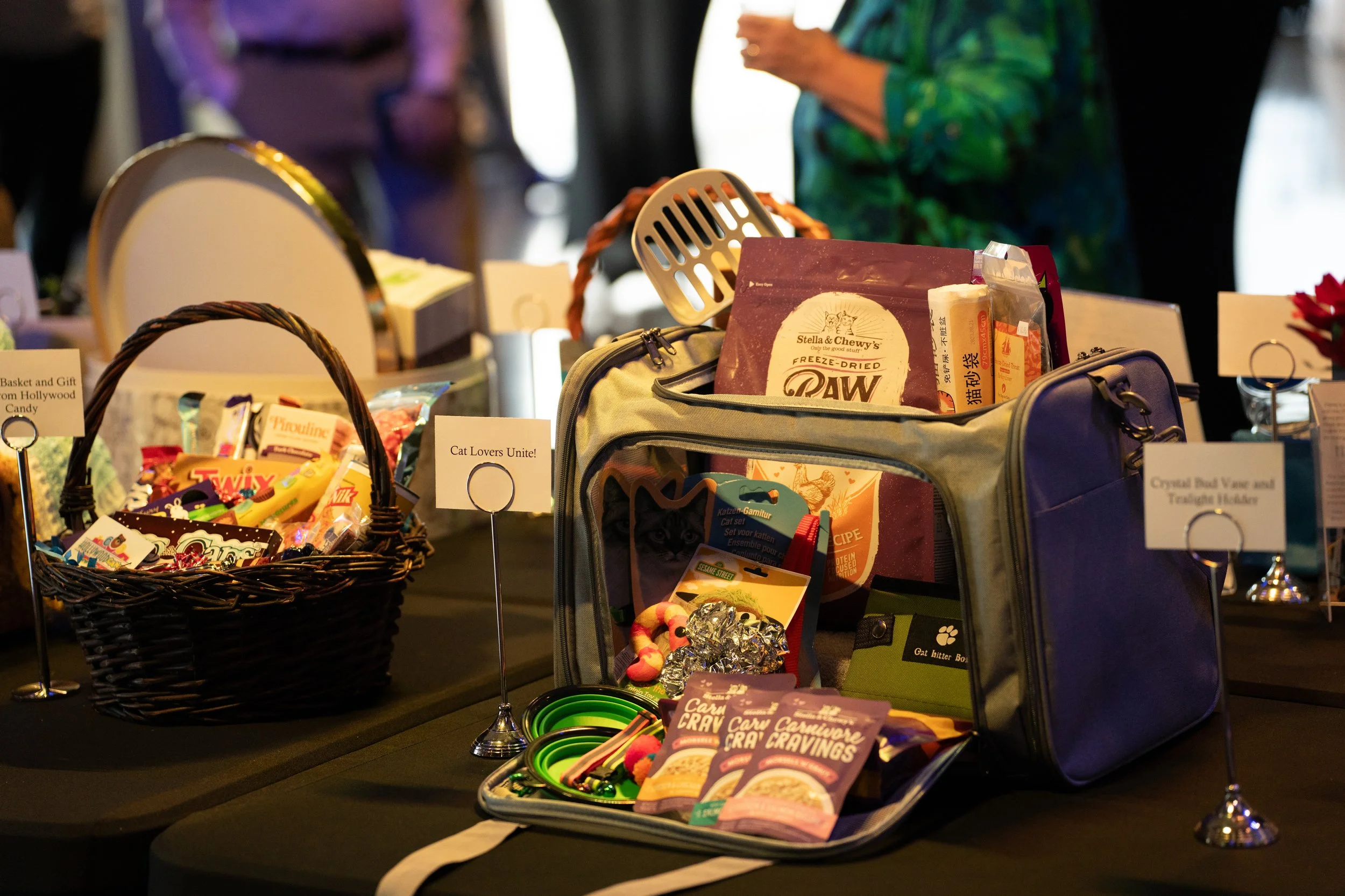 The Set Me Free Project's fundraiser Gift baskets on display, including a cat-themed basket with pet treats and accessories, and another with assorted candy.