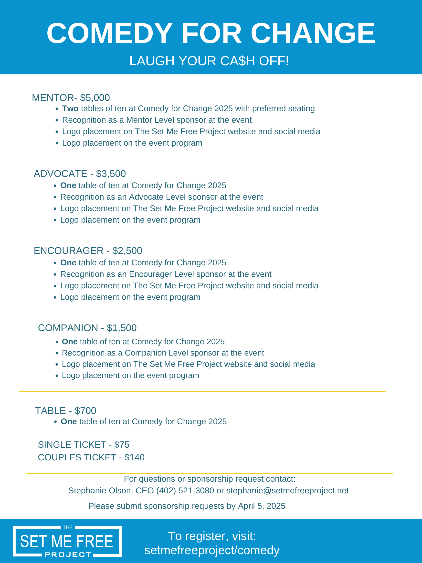 Comedy for Change sponsorship options and pricing, including Mentor, Advocate, Encourager, Companion tables, and individual ticket prices. Includes contact information for sponsorship inquiries.