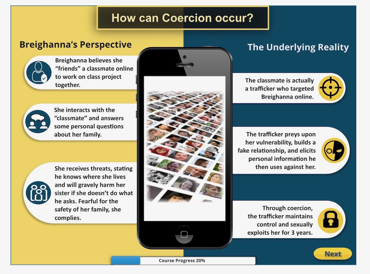 Infographic explaining how coercion occurs through online interaction. On the left, Breighanna's perspective describes how she befriends a classmate online for a project. She answers personal questions and later receives threats. The right side revea