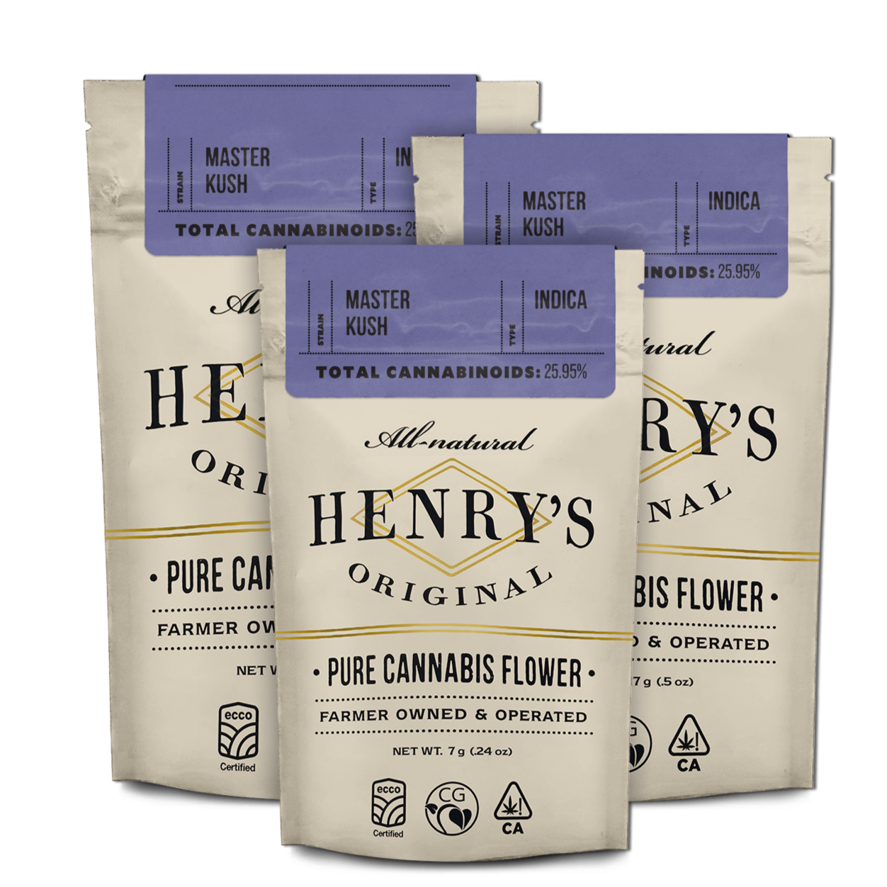 cream stand up pouches in 7g 14g and 28g full of organic sun grown living soil cannabis weed flower