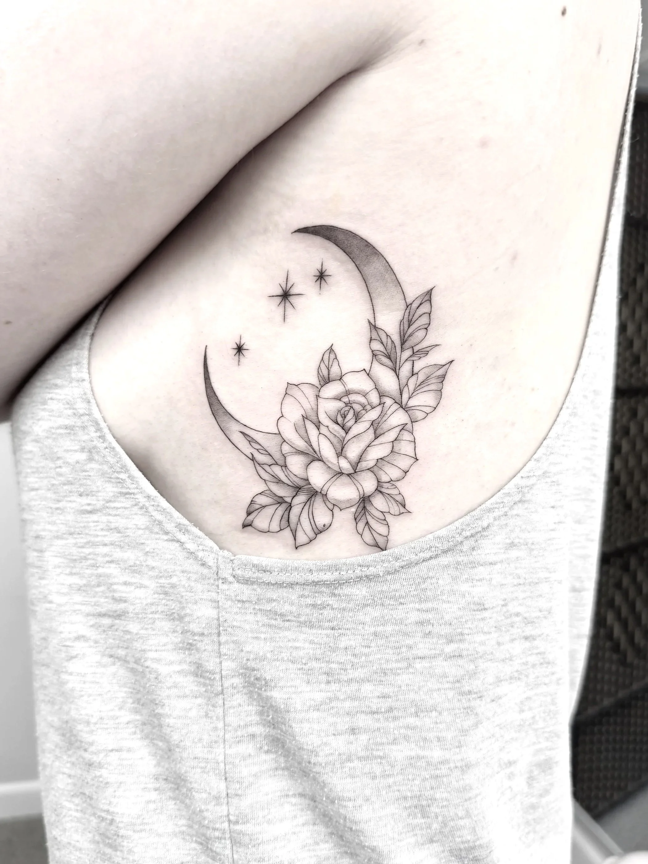 Fine line moon roses flower feminine tattoo Frankton 