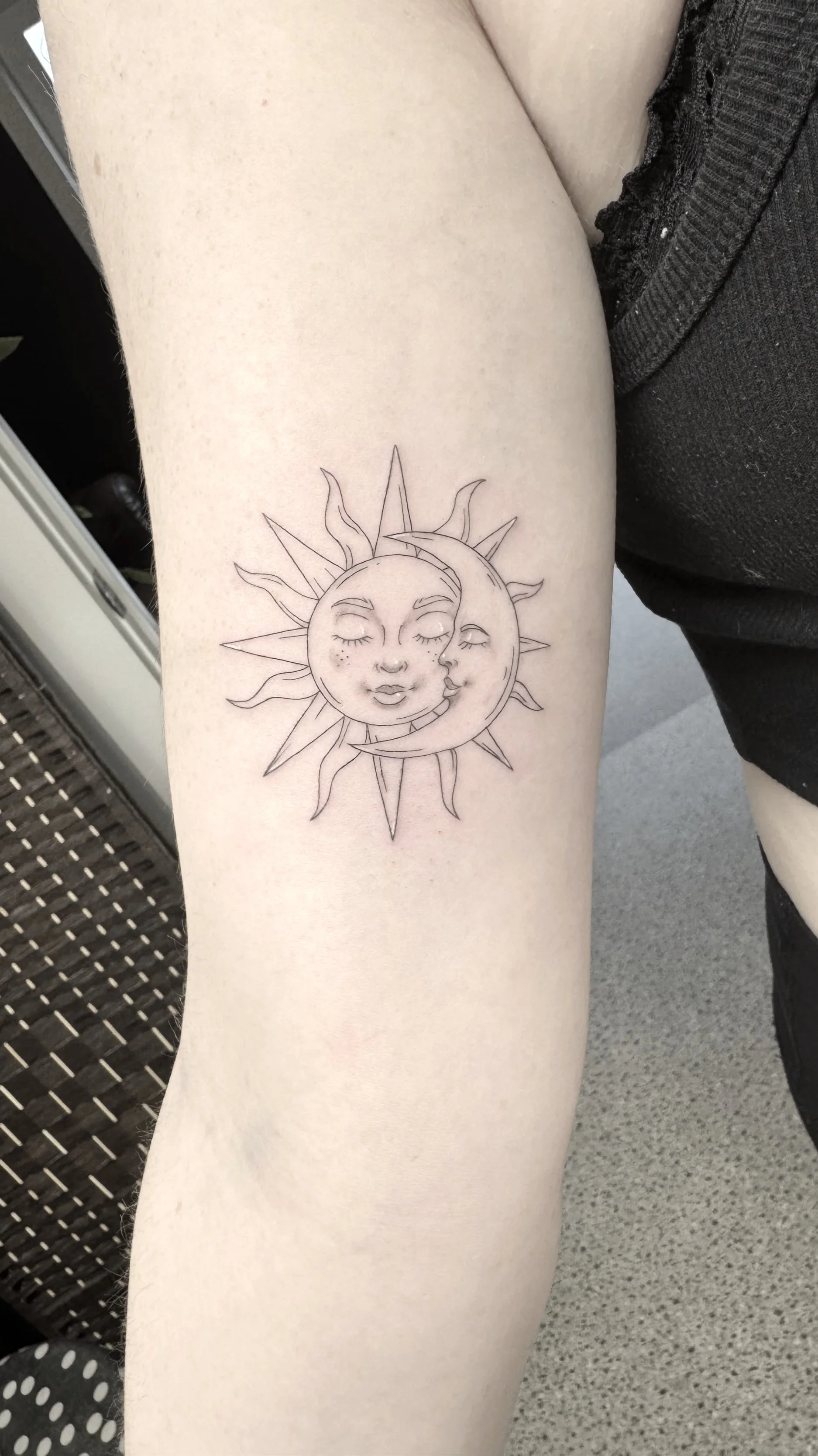 Fine tattoo thin elegant sun moon faces female Queenstown 