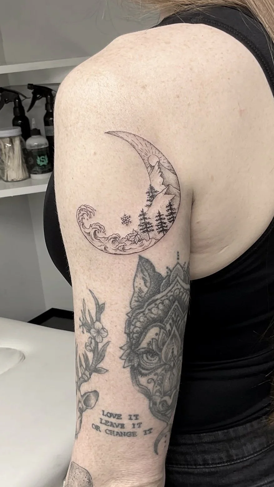 Moon fine tattoo small feminine mountains scenery waves Japanese style