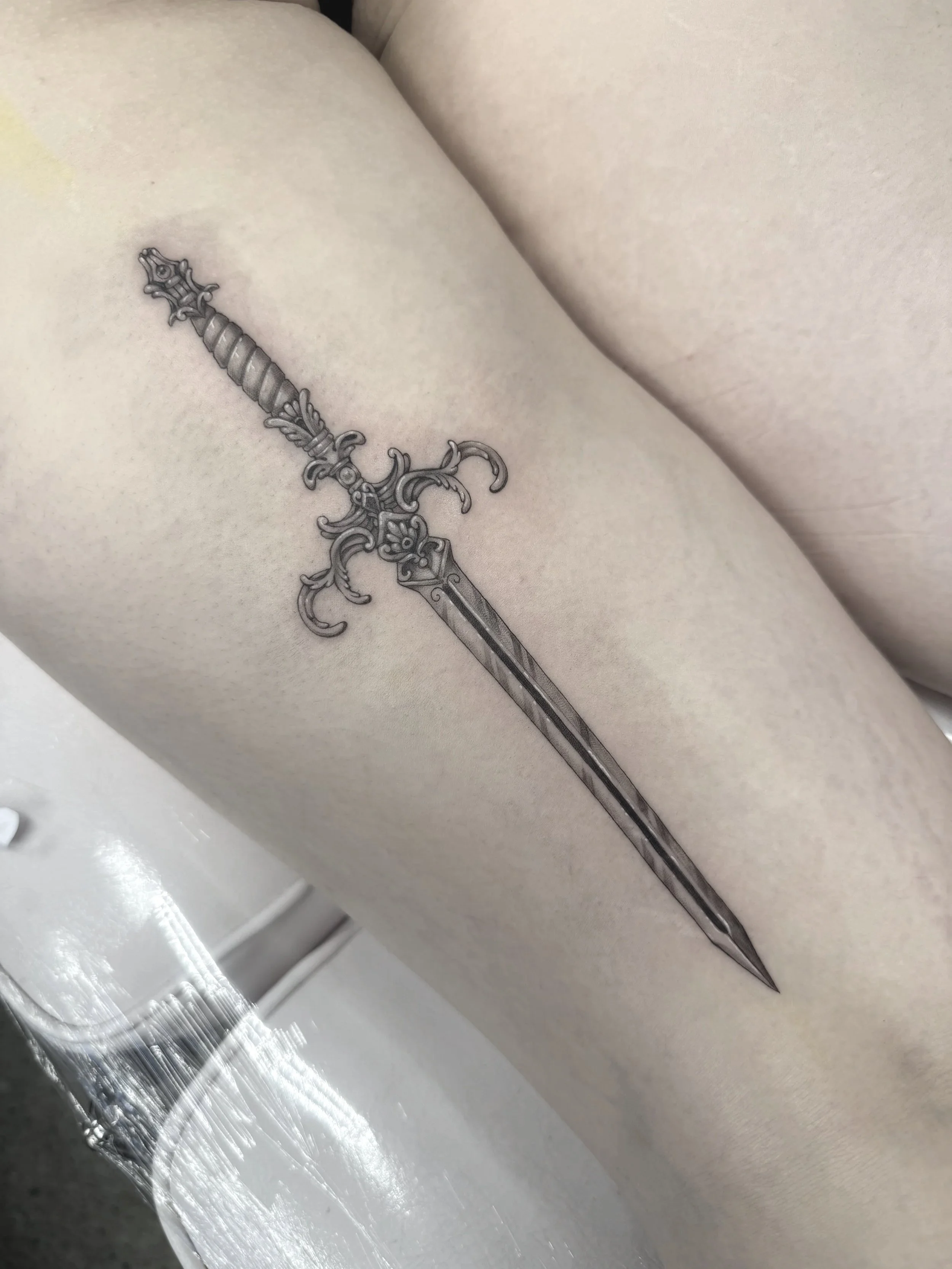 Gothic sword black and grey fineline leg tat New Zealand cute 