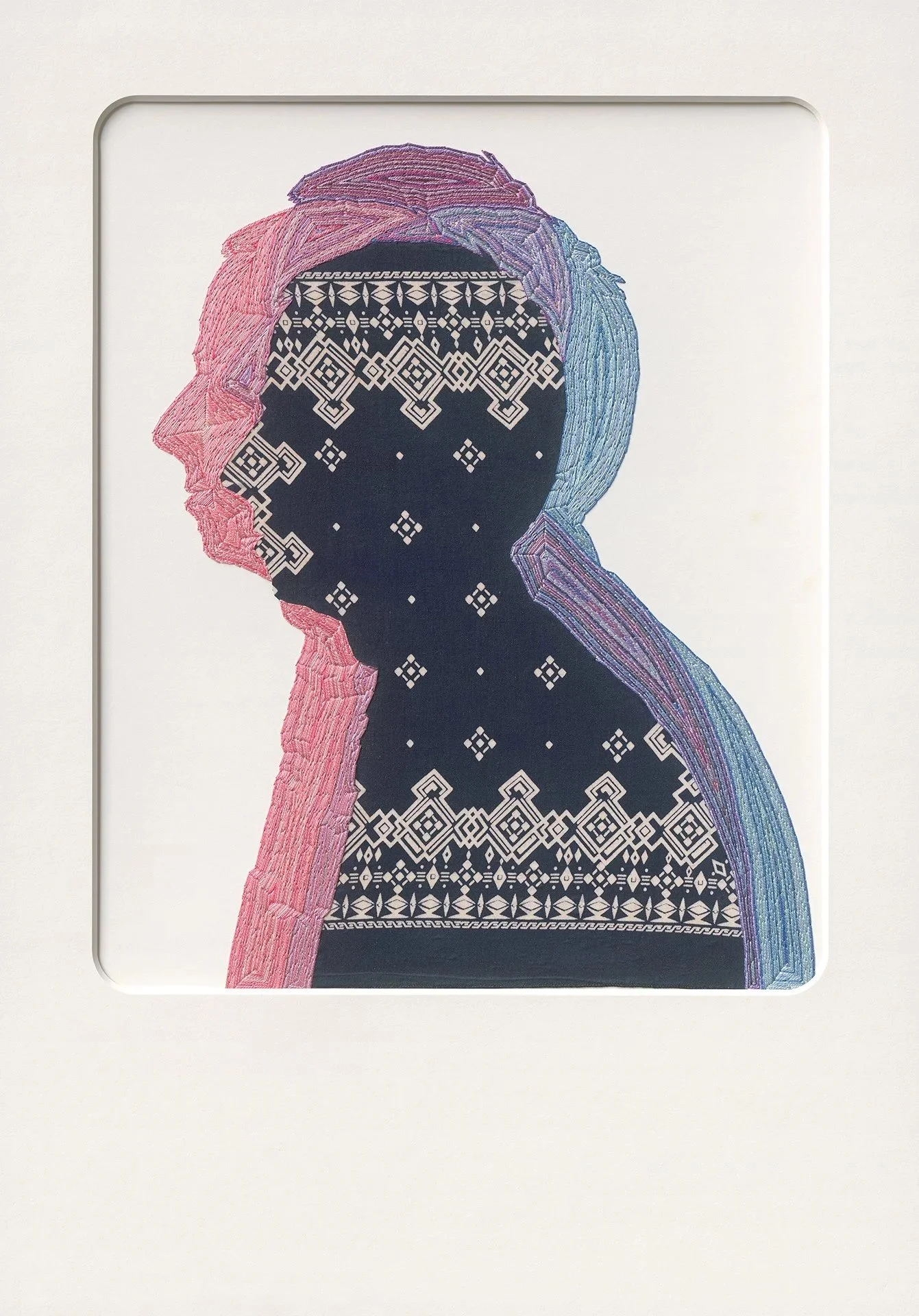 Cameo for the Third State, 2025.  34”h x 24”w.   Hand-embroidered Cotton Pearl, Bandana, Acrylic Medium on Bristol Board, Rectangular Mat.