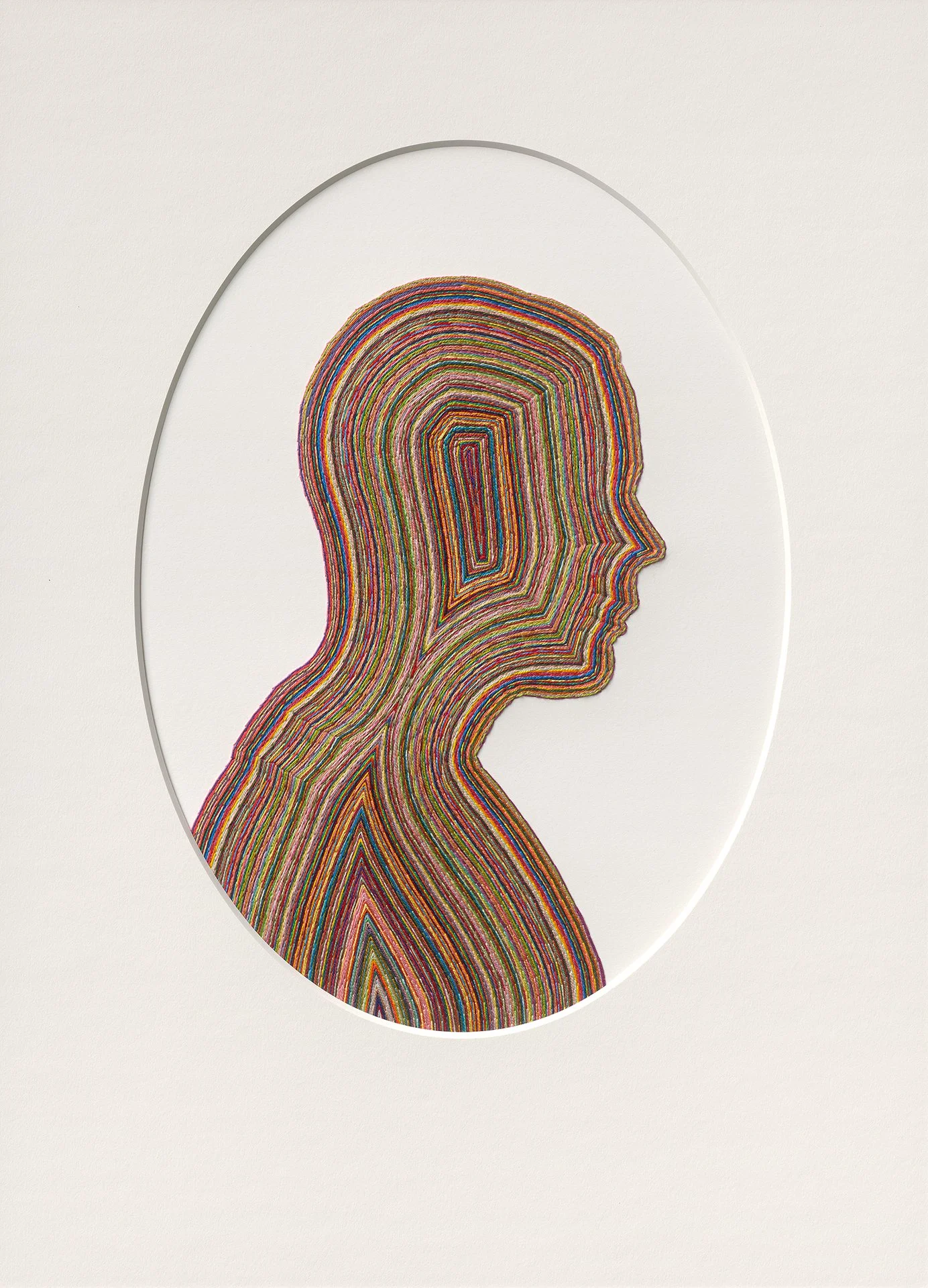 Cameo For Himself, 2025.  30”h x 22”w.   Hand-embroidered Cotton Pearl Thread on Bristol Board, Oval Mat.