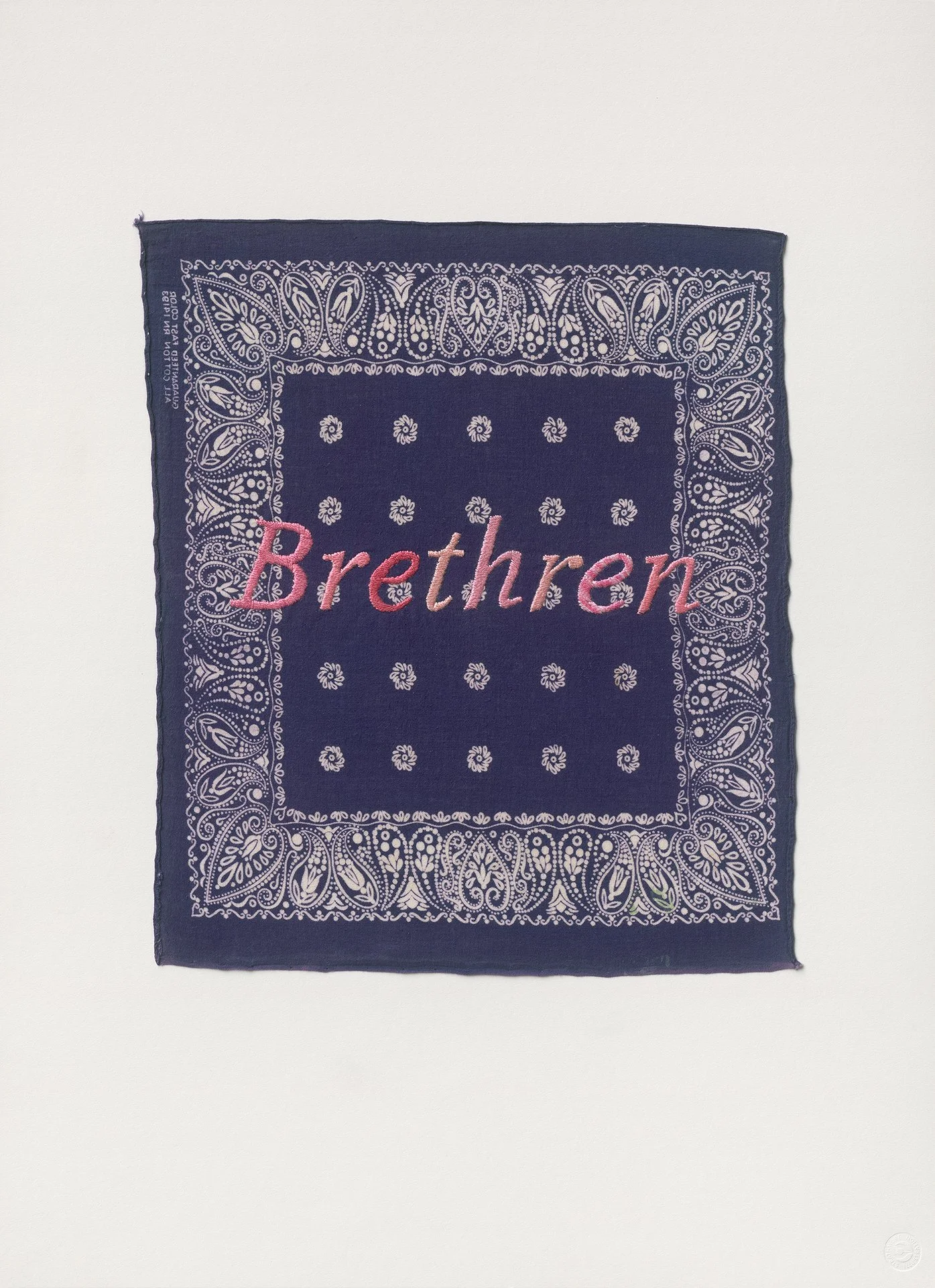 Kerchief (Brethren), 2025. 30”h x 22”w.   Hand-embroidered, satin-stitched, cotton pearl thread on Bristol board.