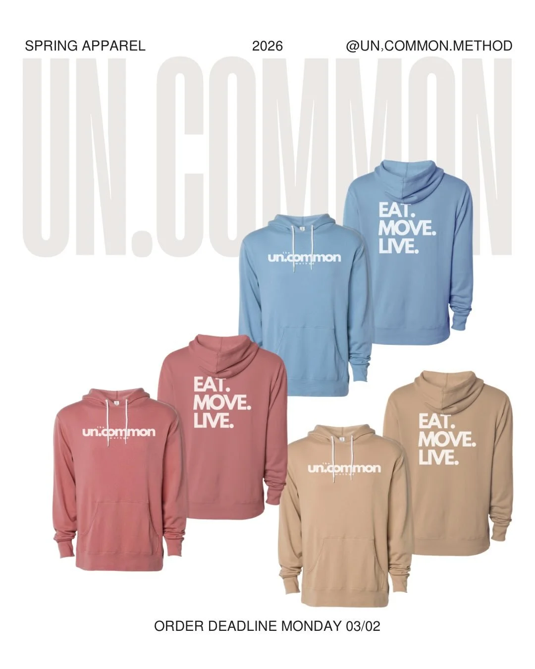 Spring Un.Common apparel is here 🌿

Fresh, lighter colors.
Hoodies, tees, and crop tees.
Same Un.Common energy.

These are the perfect throw-on-after-training layers or everyday staples as we head into warmer weather.

🗓 Order deadline: Monday 3/2
