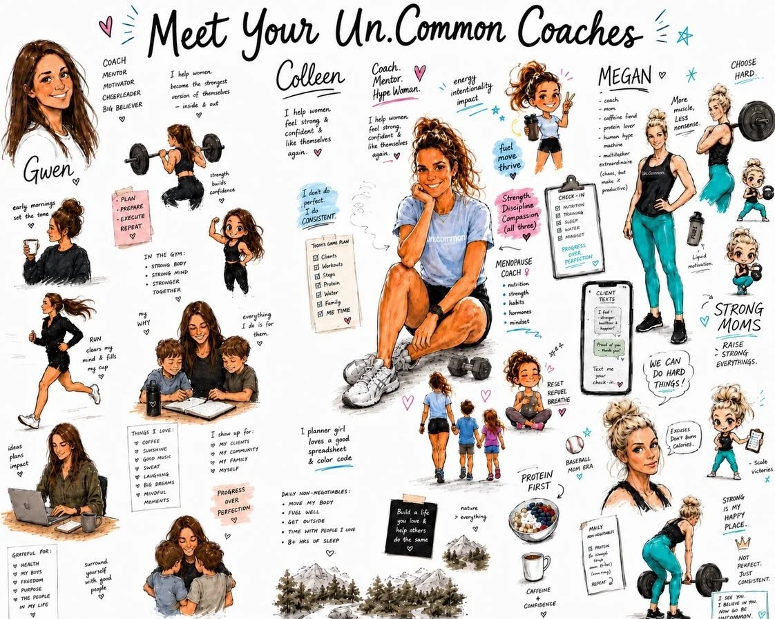 Meet your Un.Common Coaches. Sketchbook style. 🖊️🖤

Gwen - Calm confidence. Planner energy. Strong body, strong mind. The coach who reminds you that preparation creates confidence.

Colleen - Hype woman energy. Big smile, big heart, big belief. The