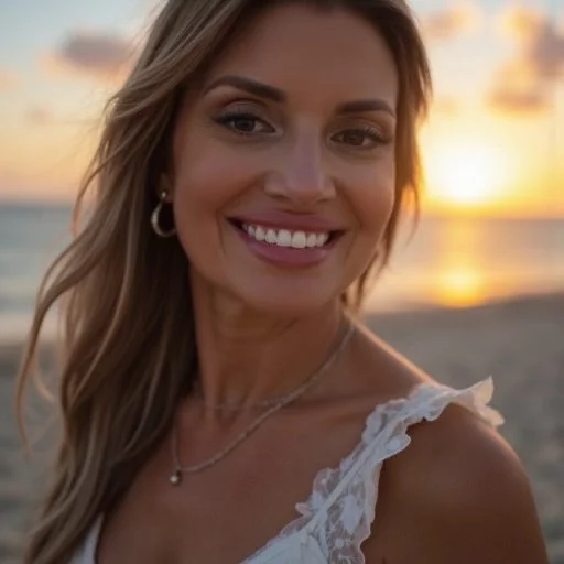 Smiling woman with long hair at the beach during sunset