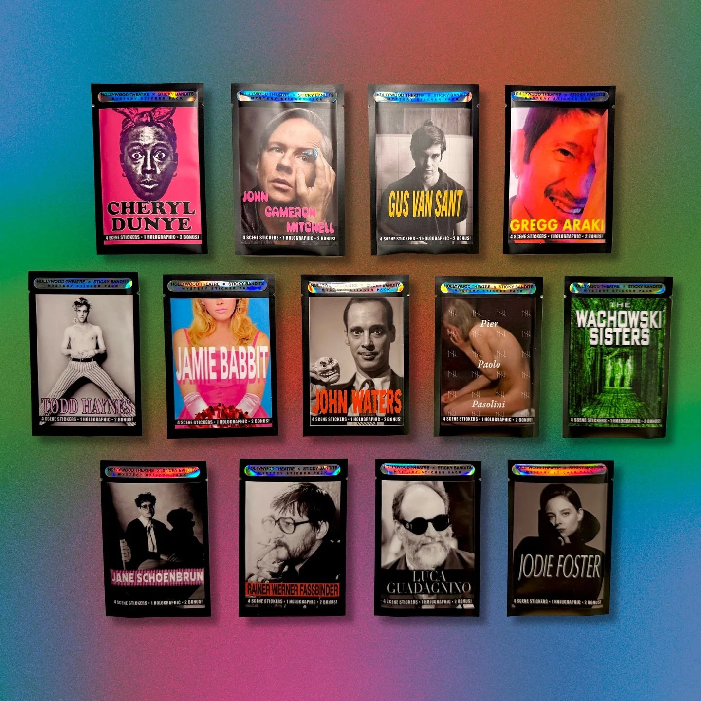 Pride month is here and we&rsquo;re paying tribute to some of our favorite queer filmmakers! 🎥🏳️&zwj;🌈

Each mystery sticker pack contains 4 (of 12) movie scene stickers relating to that artist and a holographic! Plus a custom Hollywood logo! 

Ge
