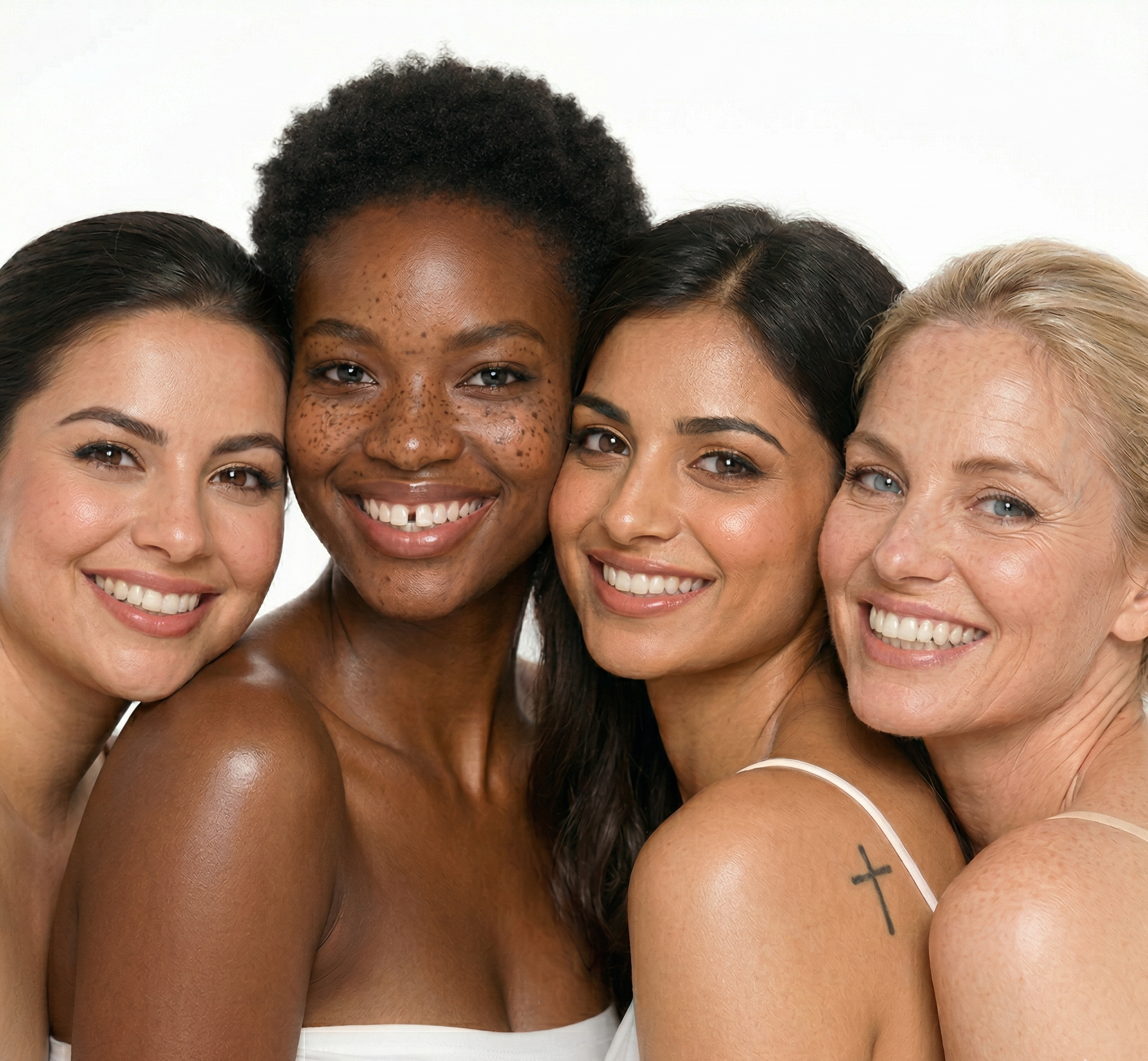 all skin types, natural skincare, skincare for all skin, skincare for all, women of different ethnicities with glowing natural skin, African American woman, Caucasian women, Indian women, aging skin care, natural retinol, rosehip oil, inclusivity