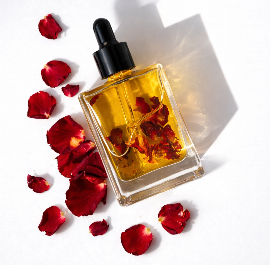 Rose infused face oil with real rose petals in serum bottle, natural hydrating facial oil for glowing skin, best face oil, rose infused face oil, light-weight face oil, all skin types, natural skincare, jojoba oil, rose petals, luxury skincare
