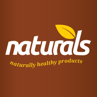 Logo with the word "naturals" in white lettering and a yellow leaf above it, on a brown background. Below, the phrase "naturally healthy products" is written in yellow.