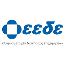 Logo featuring Greek text and blue geometric symbol