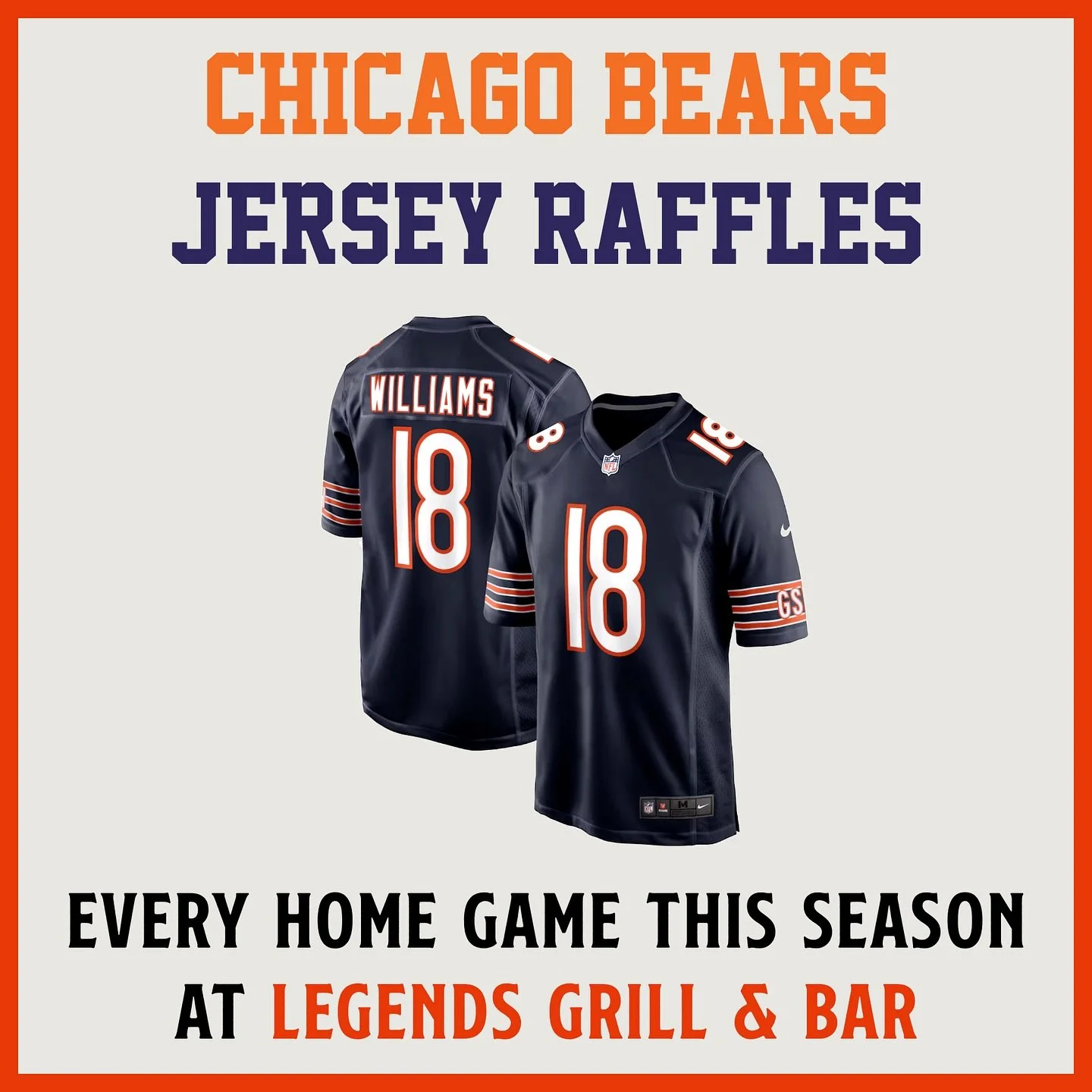 🐻 🏈 Bears Fans, it&rsquo;s Game Time! Join us at Legends next Monday for the first Bears home game of the season.

🏟️ 🎉 We&rsquo;re bringing the excitement to every Bears home game this season with FREE to enter Jersey Raffles! Come hang with us,
