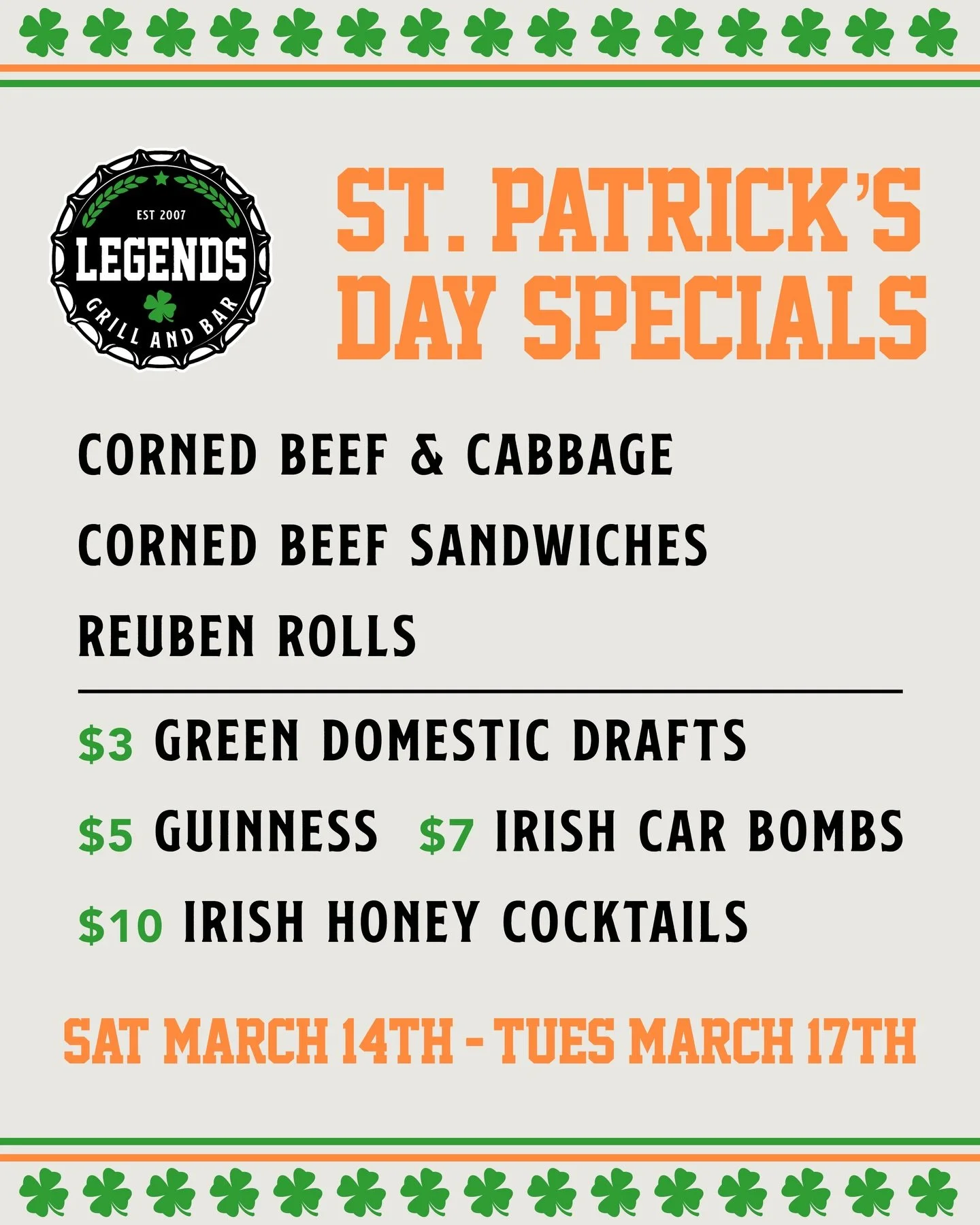 🤩 🍀 Get your green on and join us for a shamrockin&rsquo; celebration at Legends! Featuring food and drink specials that&rsquo;ll have you feeling lucky all weekend long. 

🍀 Corned Beef &amp; Cabbage
🍀 Corned Beef Sandwiches
🍀 Reuben Rolls

🍺 