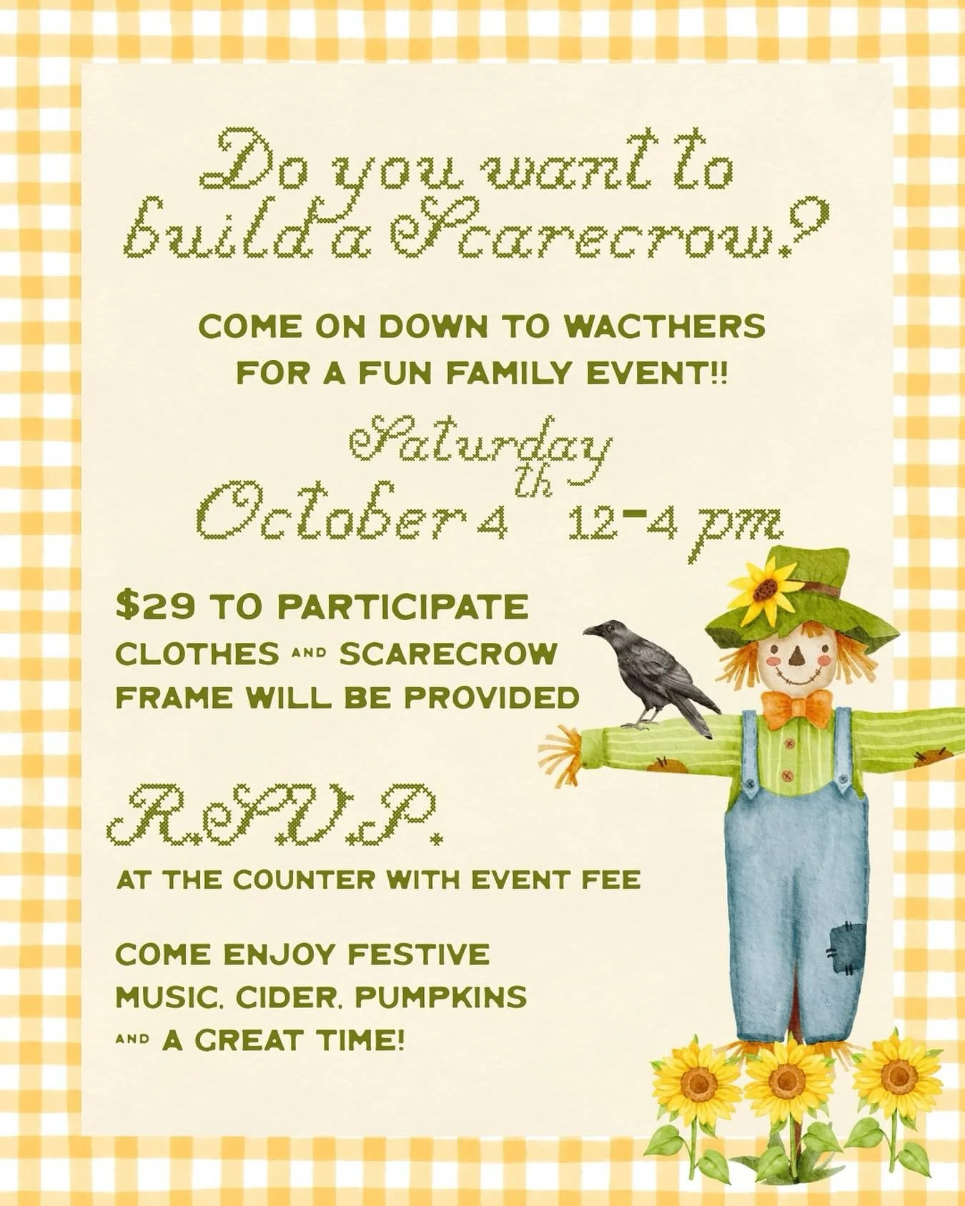 Wachter&rsquo;s 1st Annual Scarecrow Building Event! Don&rsquo;t miss out on this fun fall event!! 🍂🎃🐦&zwj;⬛🌻☁️

➡️ Sign ups will be in store ✍️
 
➡️Event fee to Participate ($29) *All supplies are included* 🧑&zwj;🌾🧺

➡️All ages welcome to par