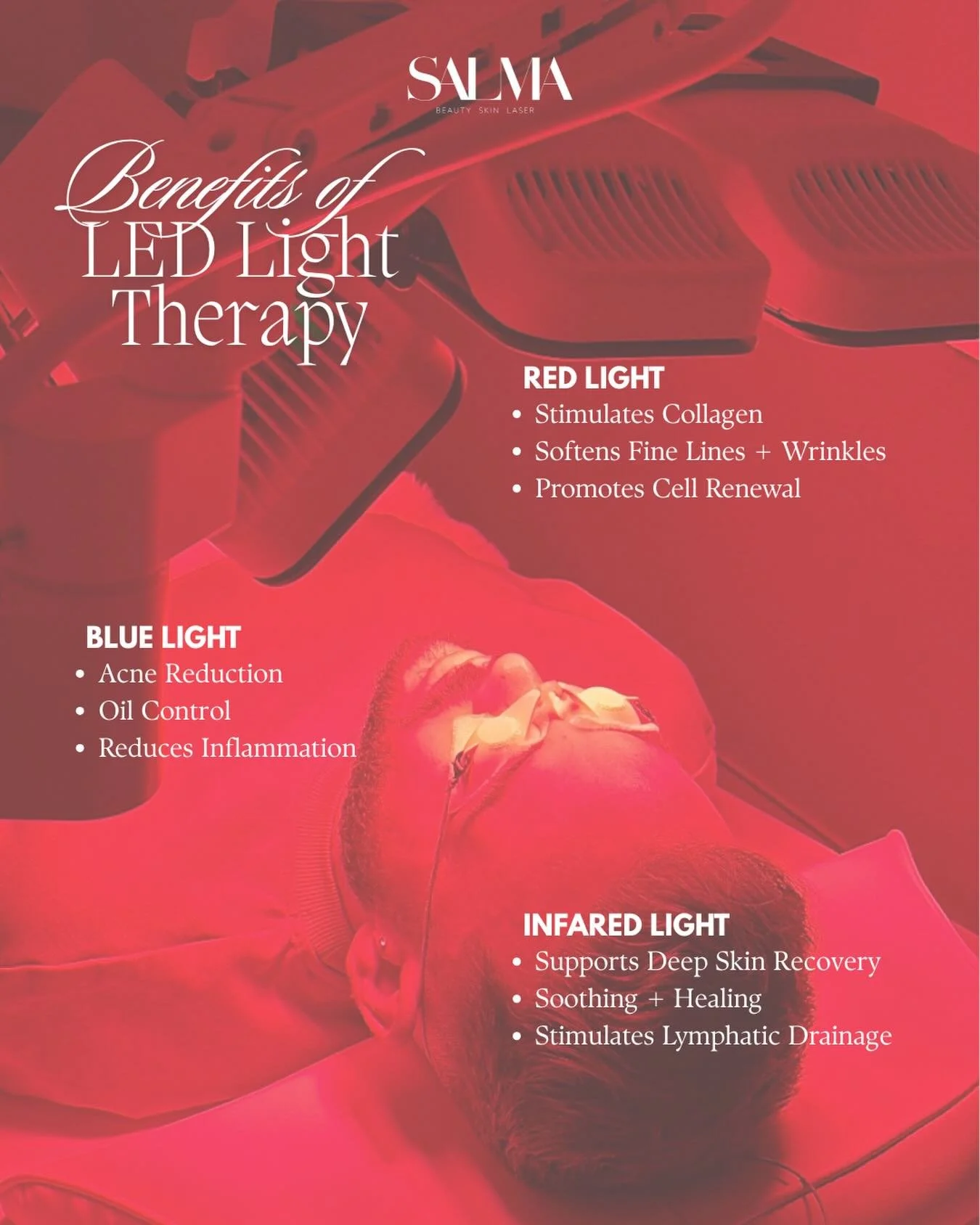 Beneficial &amp; Relaxing ✨ Our LED Light does all the work for you! 

LED Light Therpay is a non-invasive treatment that uses specific light wavelengths to stimulate cellular activity, boost collagen production, accelerate healing + so much more! 


