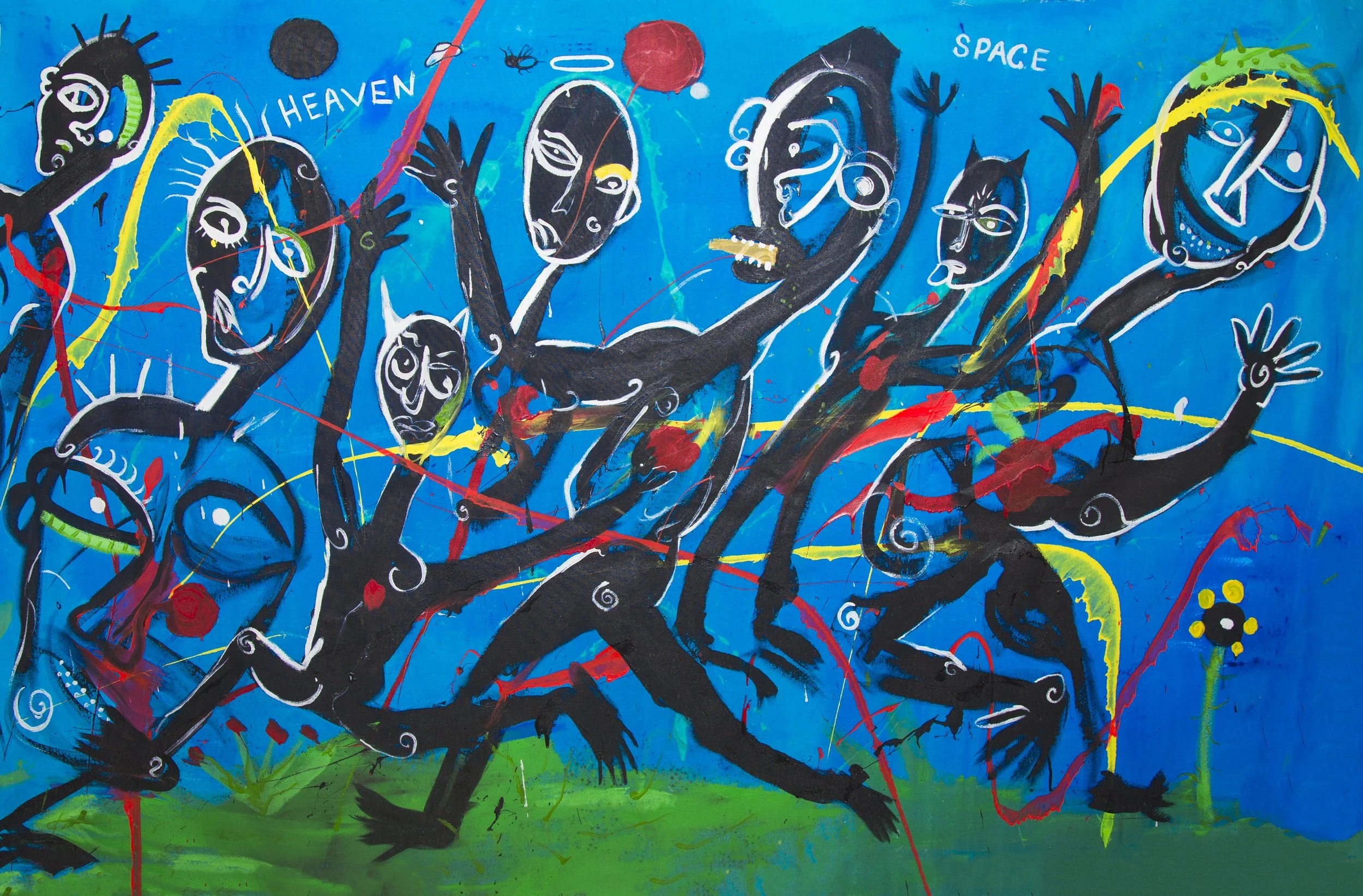 Bright abstract mural featuring black humanoid figures with white outlines, expressive faces, and multiple limbs, set against a vibrant blue background with colorful accents and shapes, including yellow, red, and green, with words 'HEAVEN' and 'SPACE' visible.